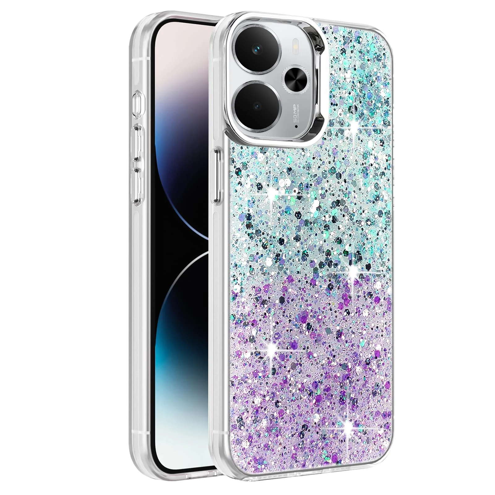 Dl3 Mobilak Compatible with Realme 14 Case, Clear Glitter Bling Sparkly, Soft TPU Frame Bumper, Hard-Back Cover for Women & Girls, Transparent Protective Phone Case (Pink Purple)
