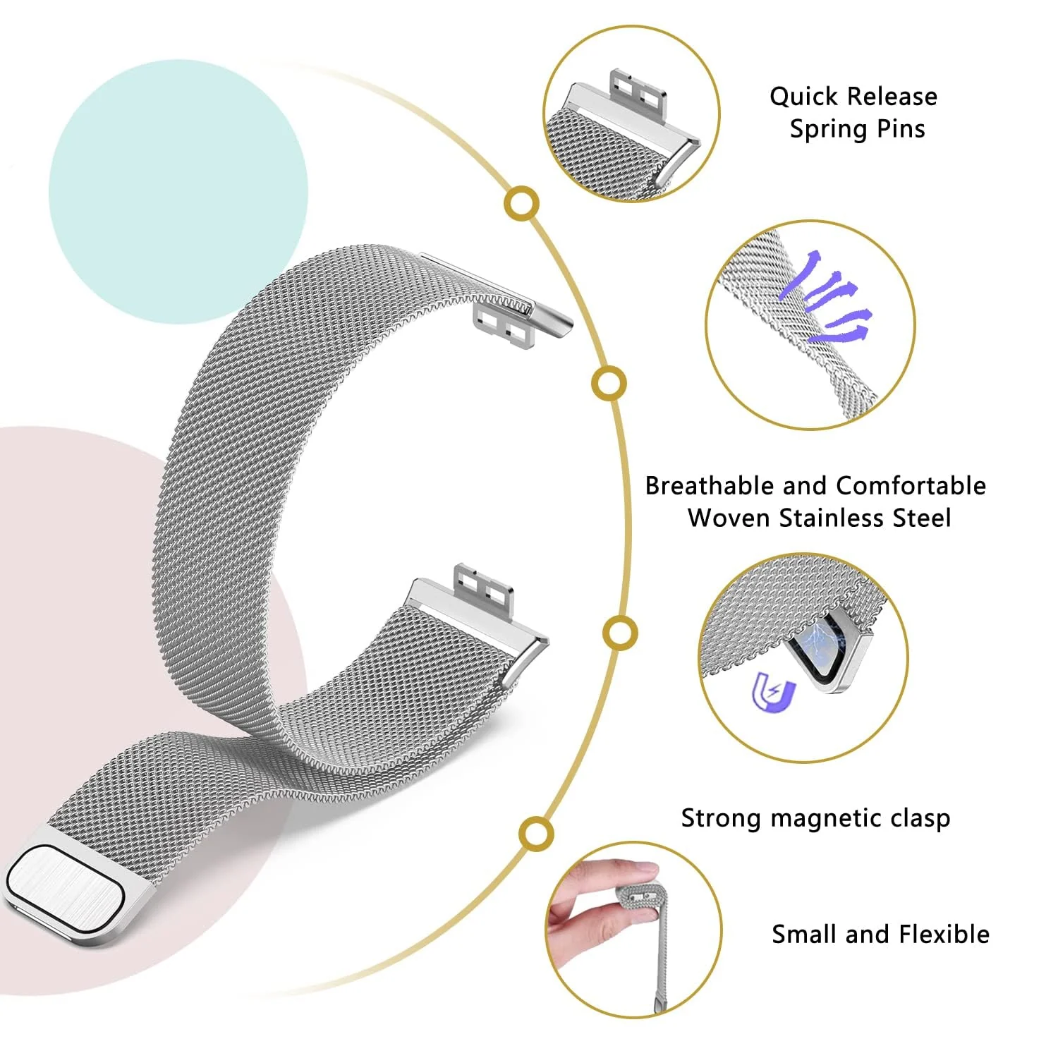 DL3 MOBILAK Milanese Magnetic Stainless-Steel Watch Strap for Huawei Watch Fit - Silver