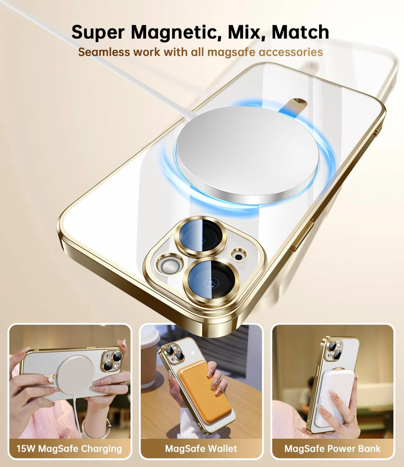 DL3 Mobilak Electroplated Case for iPhone 15 6.1-Inch, Camera Lens Full Protection, Compatible with MagSafe Wireless Charging, Shockproof Soft TPU Phone Cover - Gold