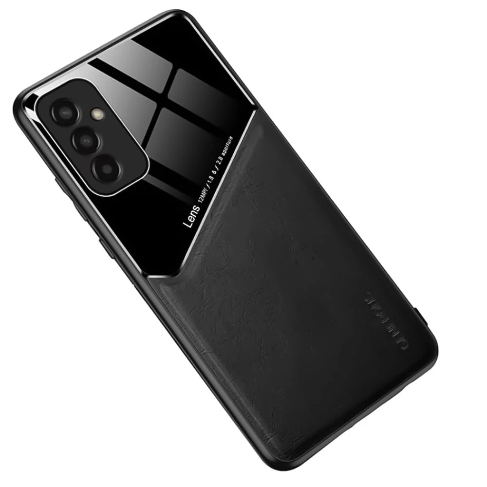 DL3 Mobilak Faux Leather and Plexiglass Protective Case with TPU Frame and Magnetic Car-Mount Support for Samsung Galaxy M52 5G - Black