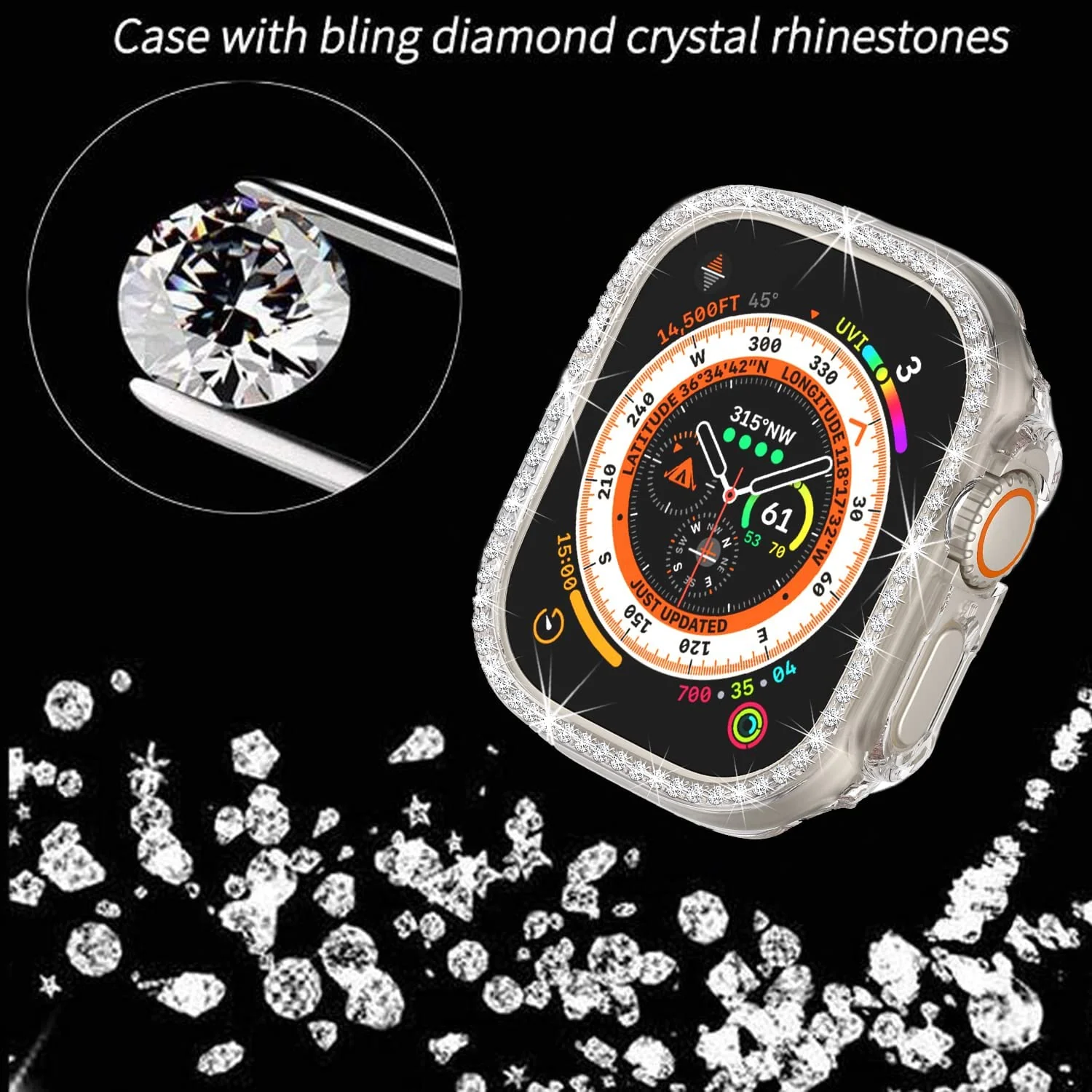 DL3 Mobilak Compatible with Apple Watch Ultra 49mm Bling Diamond Case PC Bumper Protective Cases Women Girls Crystal Shining Rhinestone Cases Smartwatch Accessories Case - Clear