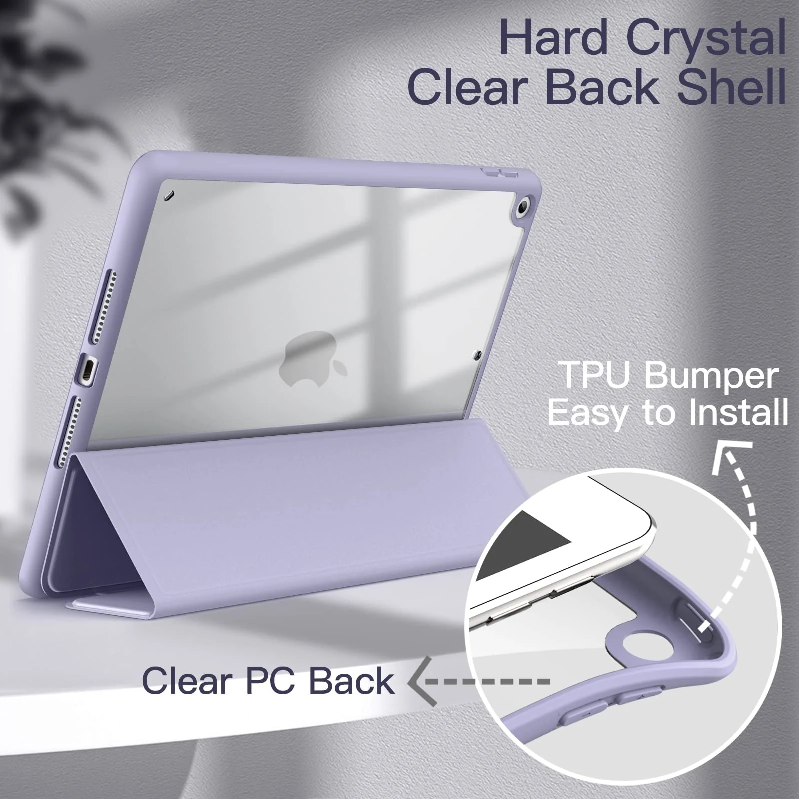 DL3 Mobilak Case for iPad 10.2-Inch (9th/8th/7th Generation, 2021/2020/2019), Clear Shockproof Back Cover Built-in Pencil Holder, Auto Sleep/Wake - Lavender