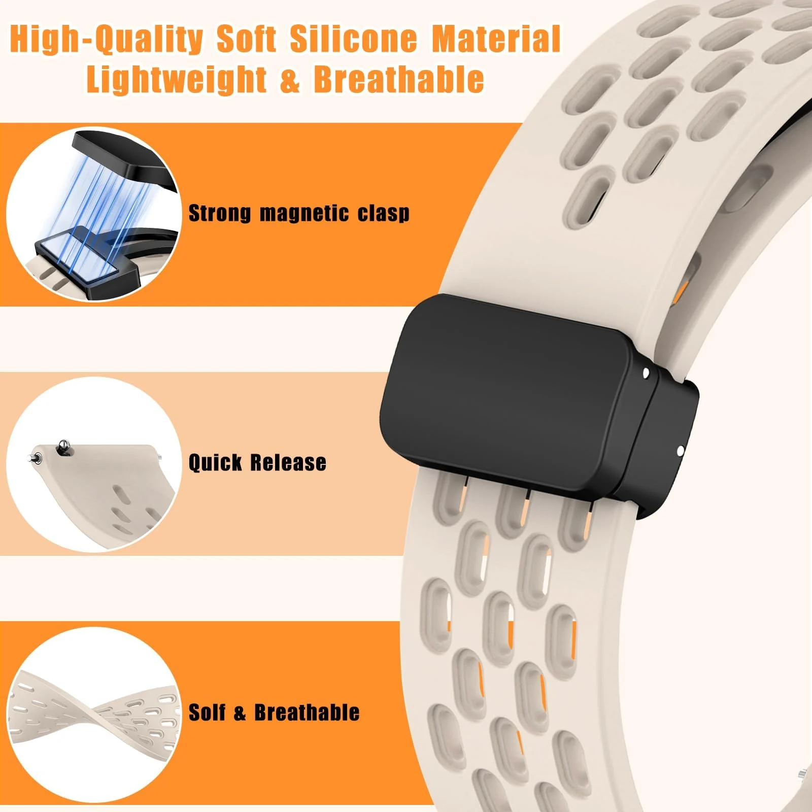 DL3 Mobilak 18mm Silicone Strap For Huawei Watch GT 6 41mm/GT 5 Pro 42 mm/GT 5 41mm/GT4 41 mm/Watch 5 42mm Magnetic Metal Buckle Sport Silicone Breathable Strap, Band Soft Replacment Wristband - Starlight