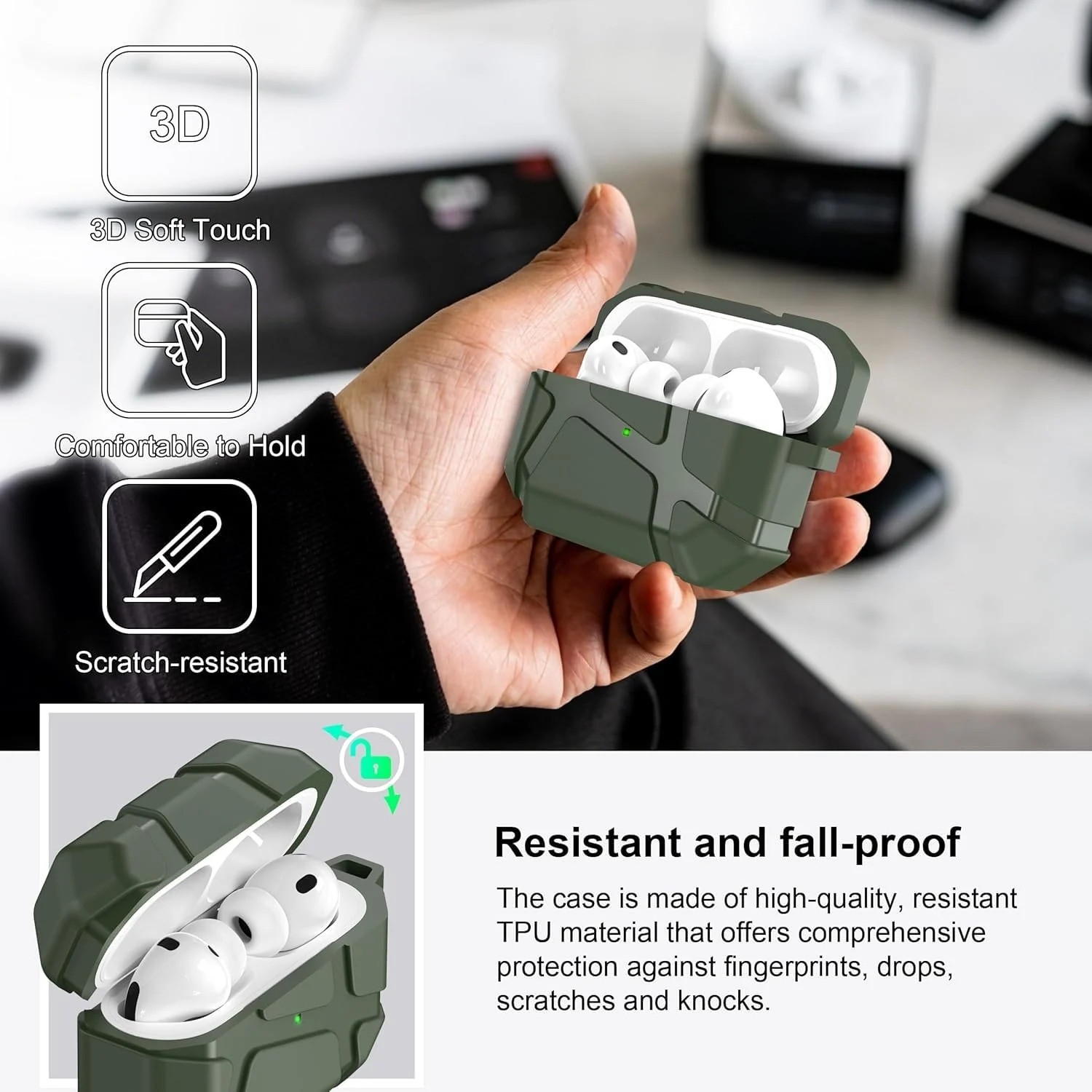 DL3 Mobilak AirPods Pro 1/2 Case, Shockproof Silicone Protective Case for Apple AirPod Pro 2nd/1st Generation, Hard Shell Design, Anti-Scratch, Front LED Light with Carabiner - Green