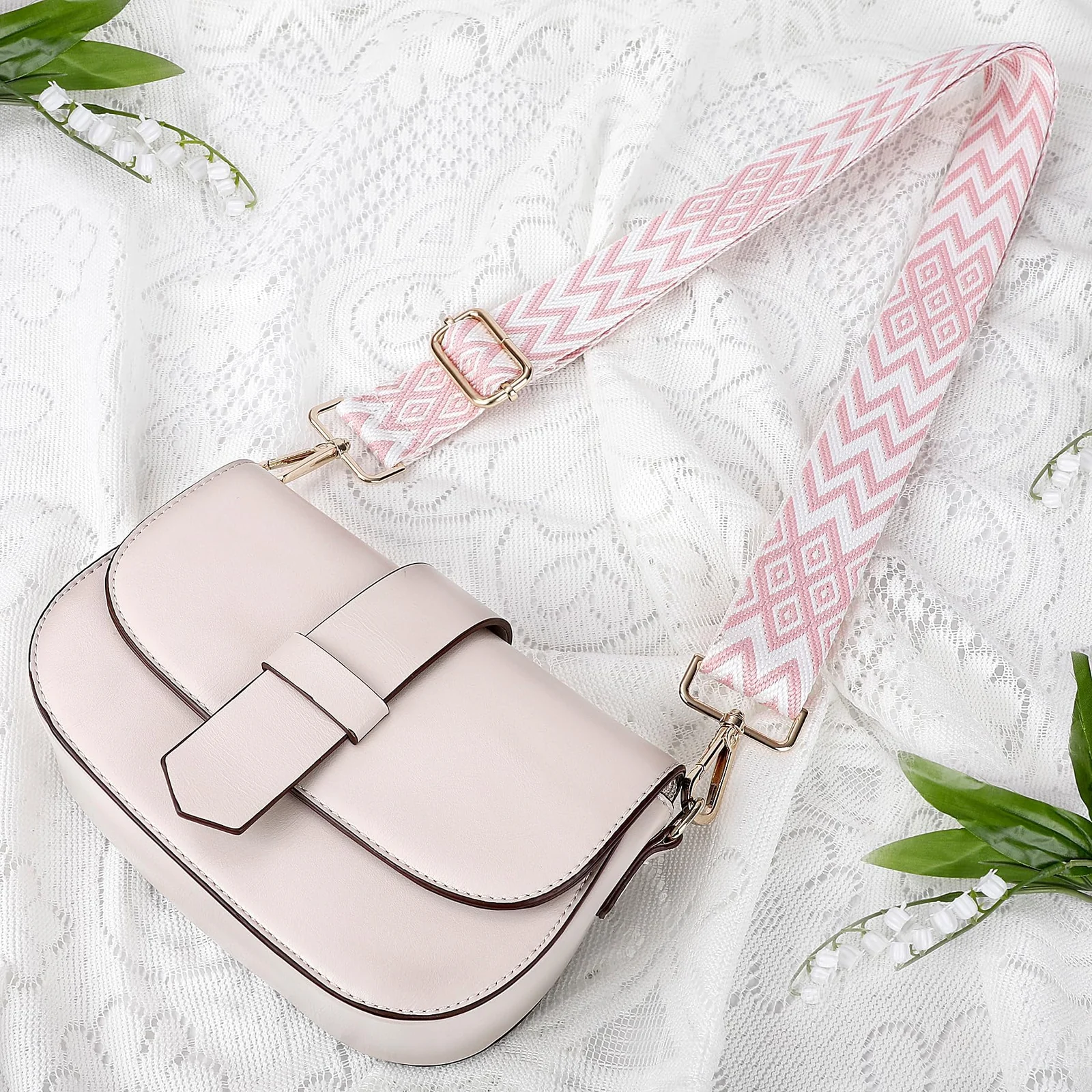 DL3 Mobilak Adjustable Wide Crossbody Bag Strap for Women, Replacement Shoulder Strap for Handbags, Totes & Purses with Elegant Embroidered Pattern and Metal Hooks - White-Pink