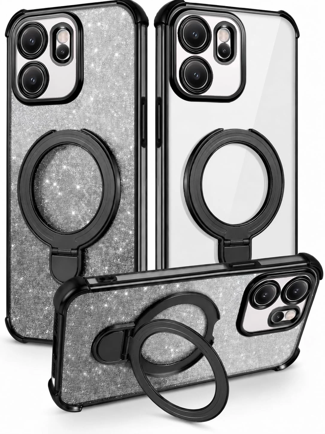 Mobigon Glitter Phone Case Compatible with OPPO Reno14 F/Reno 14F, Magnetic Ring Stand Shockproof Cover, Clear Soft TPU Bumper with Full Camera Protection