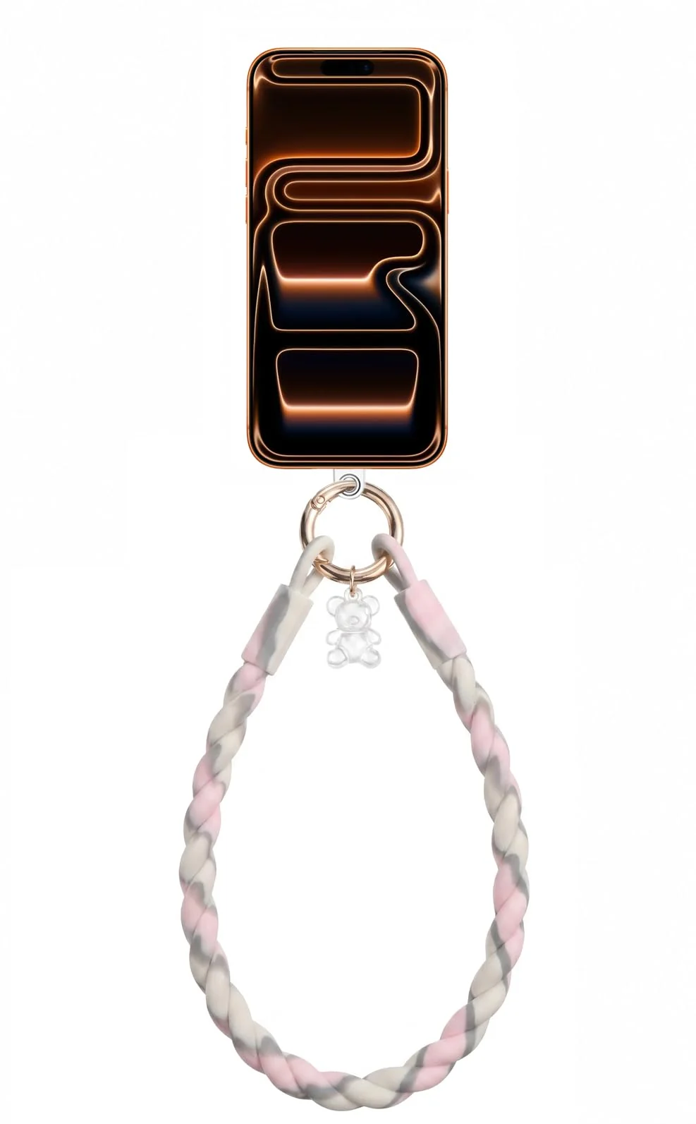 DL3 Mobilak Silicone Crystal Lanyard, 30cm Phone Wrist Strap Lanyard Keychain Office Wrist Strap with Clasp and Bear for Women Phone ID Card, Keys Strap - Beige/Pink