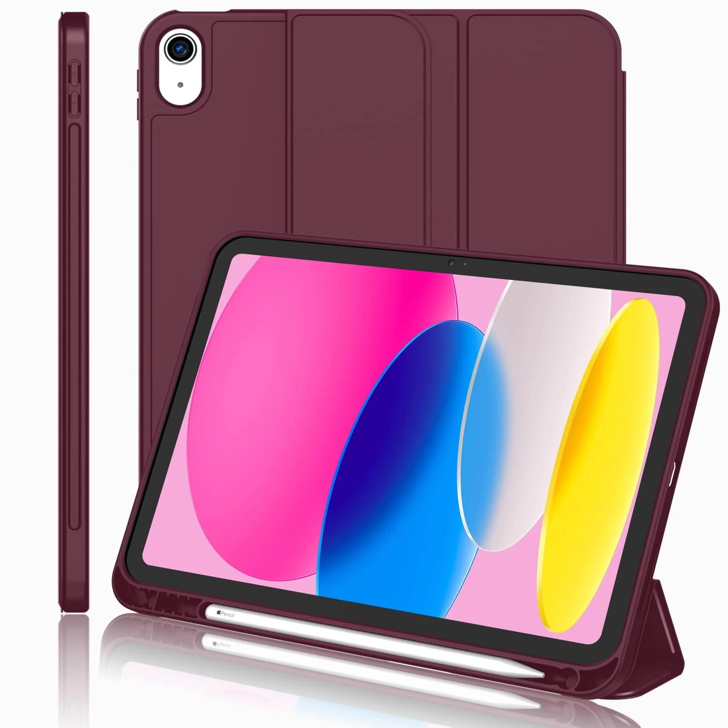 DL3 Mobilak iPad (A16) Case/iPad 10th Generation [11-Inch 2025/10.9 Inch 2022] with Pencil Holder, [Support Touch ID] Flexible TPU Back Shell Smart Trifold Stand Protective Auto Wake/Sleep - Wine Red