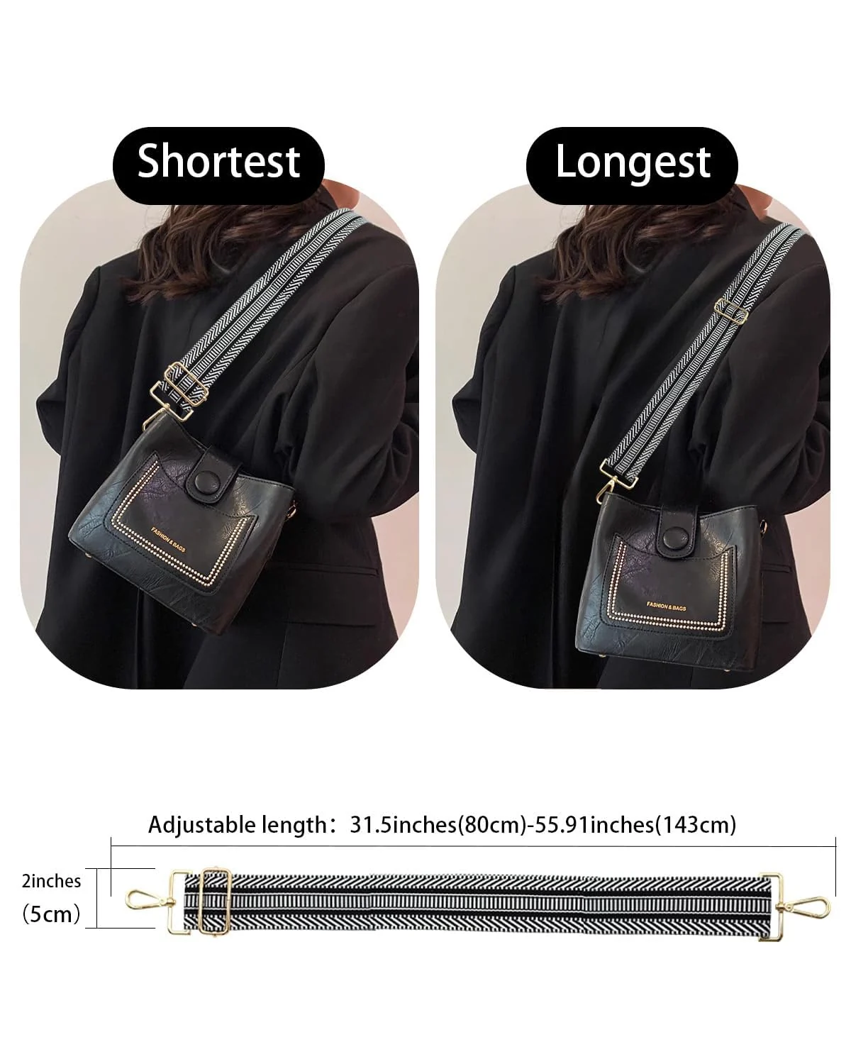 DL3 Mobilak Adjustable Wide Crossbody Bag Strap for Women, Replacement Shoulder Strap for Handbags, Totes & Purses with Elegant Embroidered Pattern and Metal Hooks - Ladder Black