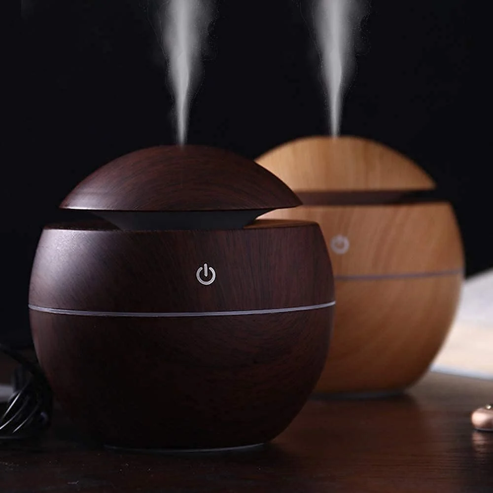 Mobigon Wood Cool Mist Ultrasonic Humidifier for Room Moisture, Aroma Diffuser for Home, 200ml Essential Oil Diffuser with 7 Colorful Night Light, Auto Shut-Off, Home, Office, car - A.Dark Brown