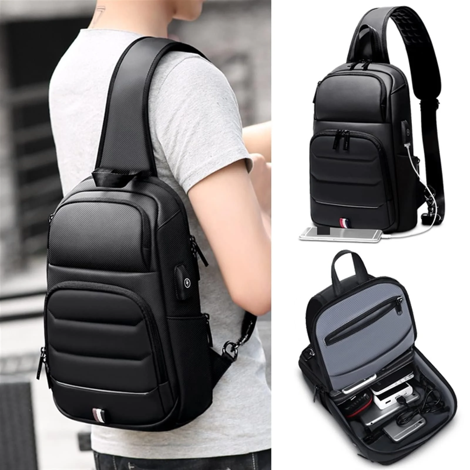 Mobigon Laptop Sling Backpack Anti Theft Bag, Hiking Daypack 12 Inch Fits iPad - Tablet 7 to 9.7 Inch Waterproof Nylon Crossbody Bags for Men, Single Shoulder Camping Dayback with USB Port - Black