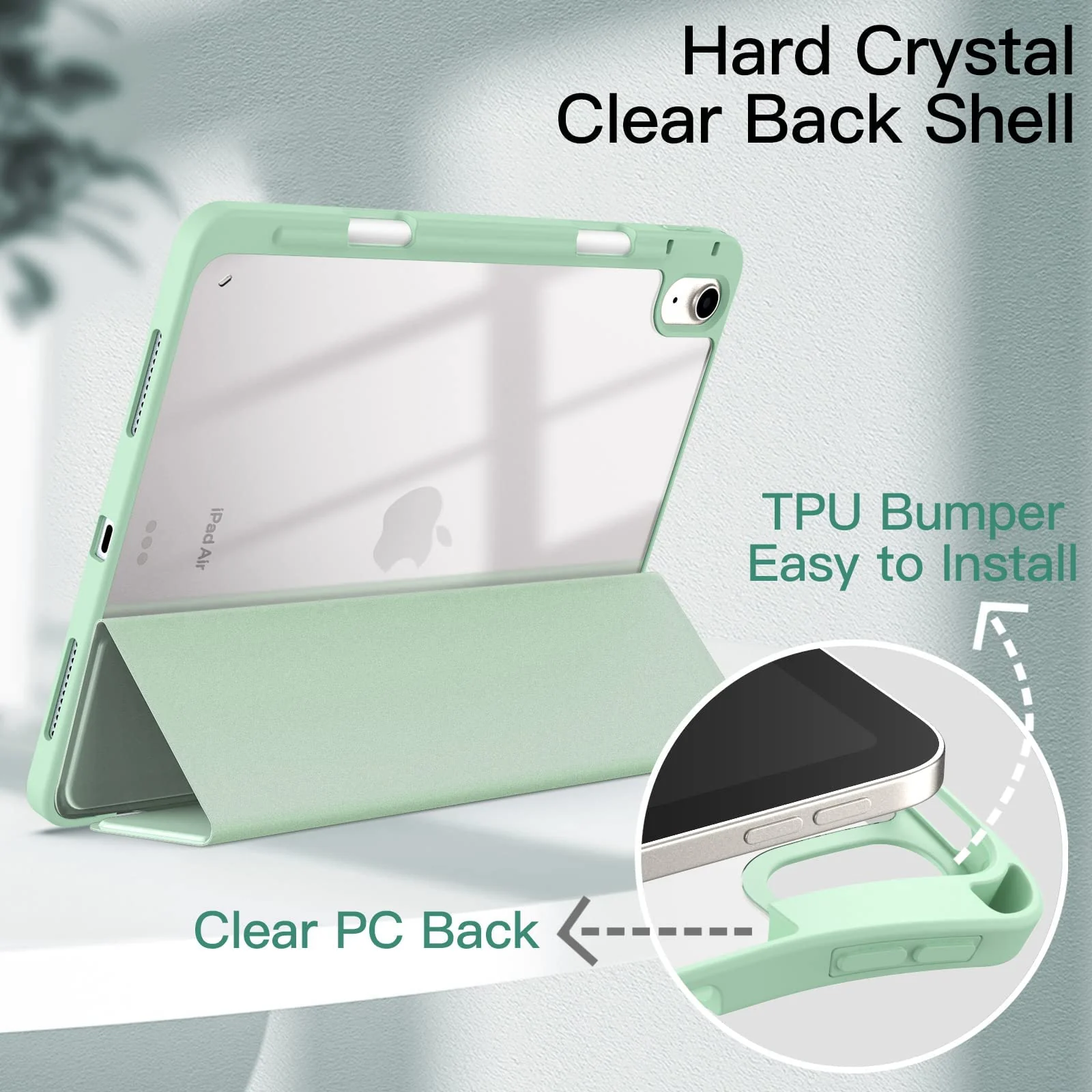 DL3 Mobilak Case for For iPad Air 11-Inch M2 (2024), iPad Air 5/4 (2022/2020 5th/4th 10.9-Inch), Clear Shockproof Back Cover Built-in Pencil Holder, Auto Sleep/Wake - Mint Green