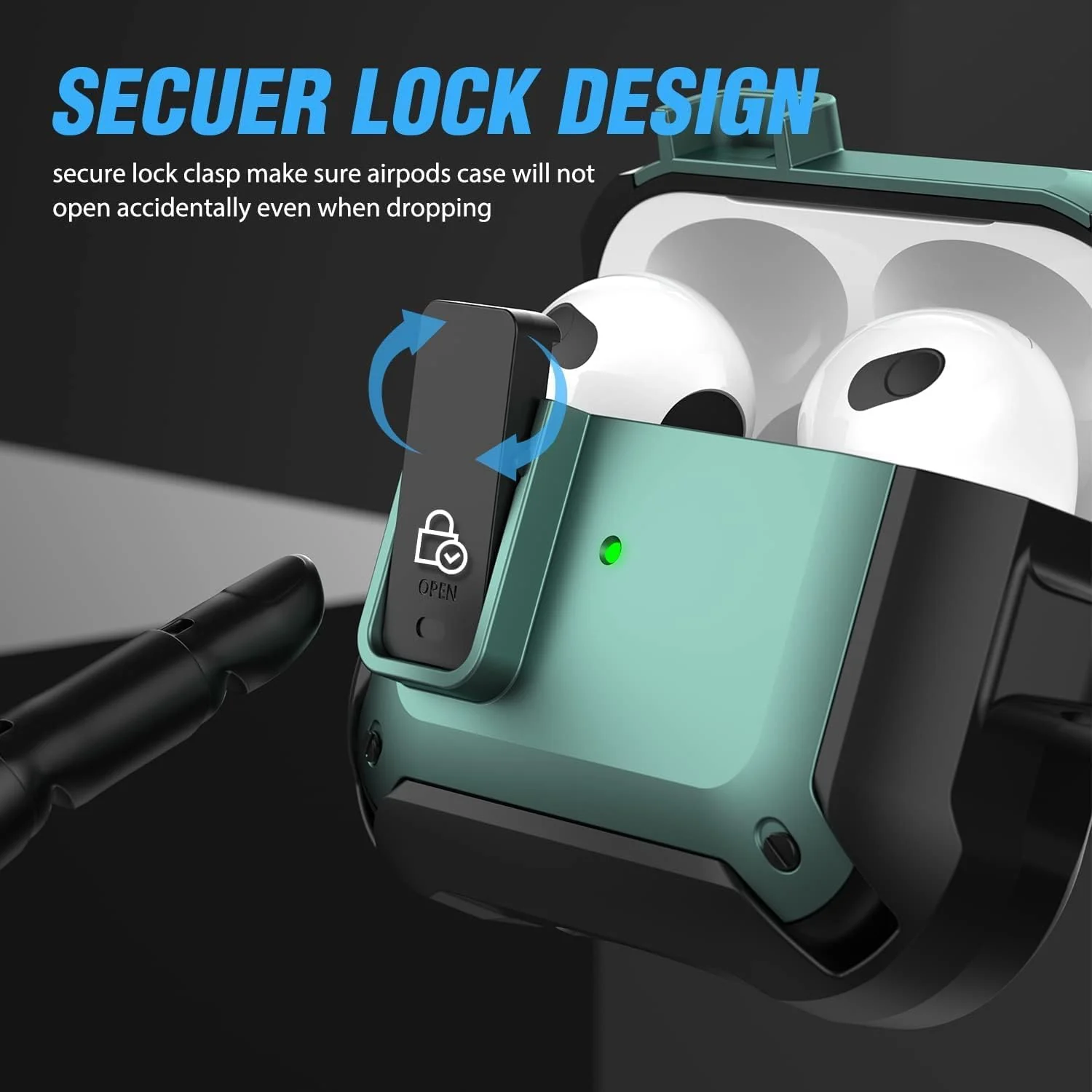 DL3 Mobilak Case Compatible with AirPods 3rd Generation with Lock, Rugged Armor Compatible with AirPods 3 Case with Keychain Shockproof Hard Shell Compatible with AirPods 3 Case - Black Green