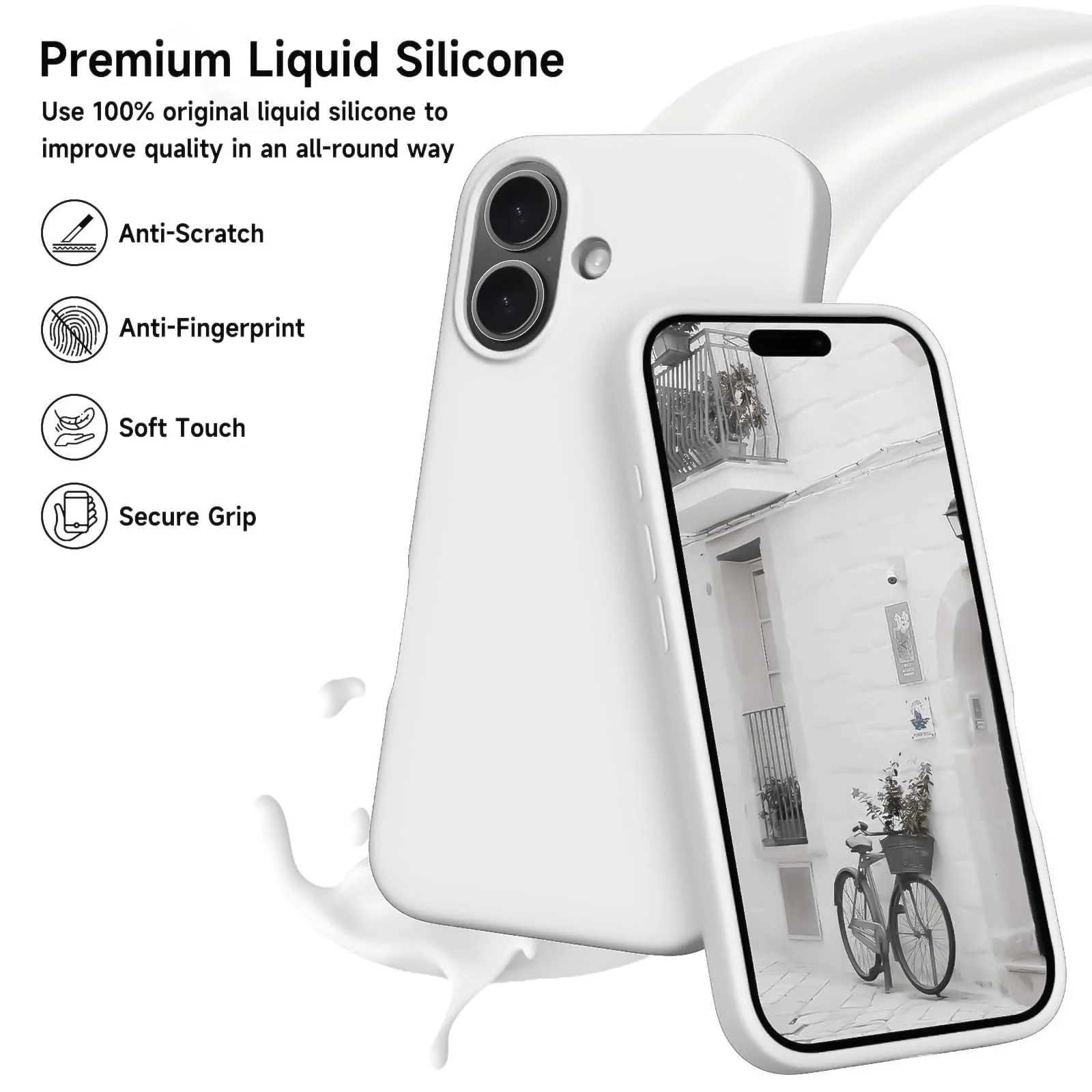 DL3 Mobilak Liquid Silicone Case for iPhone 16 + Plus 6.7-Inch, Supports wireless charging, Shock-absorbing protection, Scratch-resistant surface - White