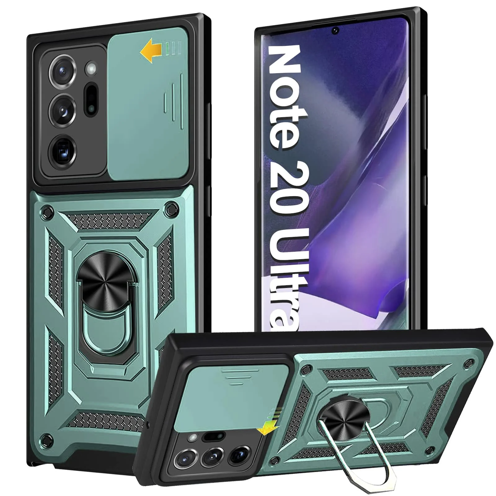 "DL3 Mobilak Military-Grade Protective Case with Sliding Camera Cover, Metal Ring Kickstand and Magnetic Car-Mount Support for Samsung Galaxy Note 20 Ultra (6.9"") - Green"