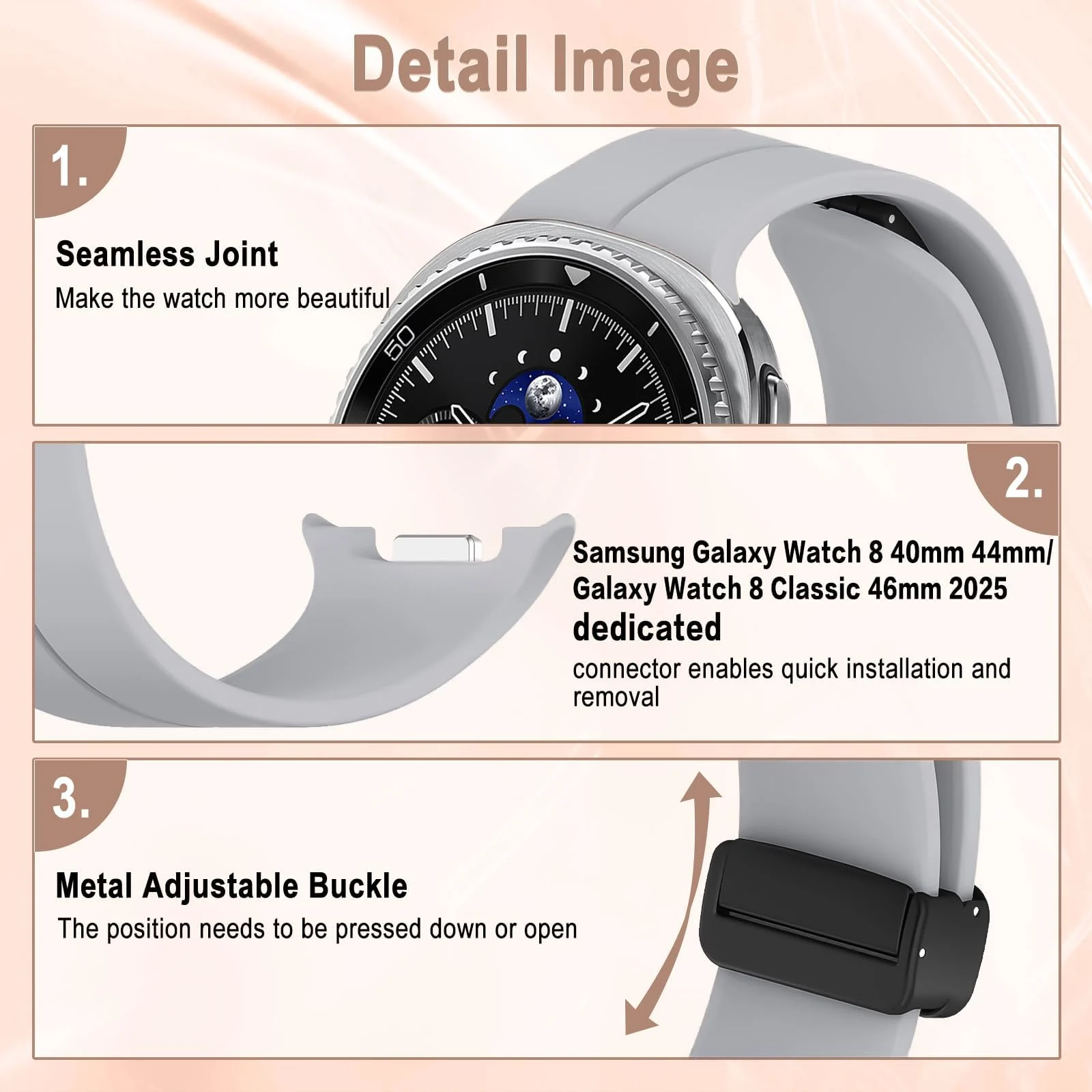 DL3 MOBILAK Magnetic Silicone Watch Strap for Samsung Galaxy Watch 8 40 / 44 mm and Watch 8 Classic 46 mm, Gray