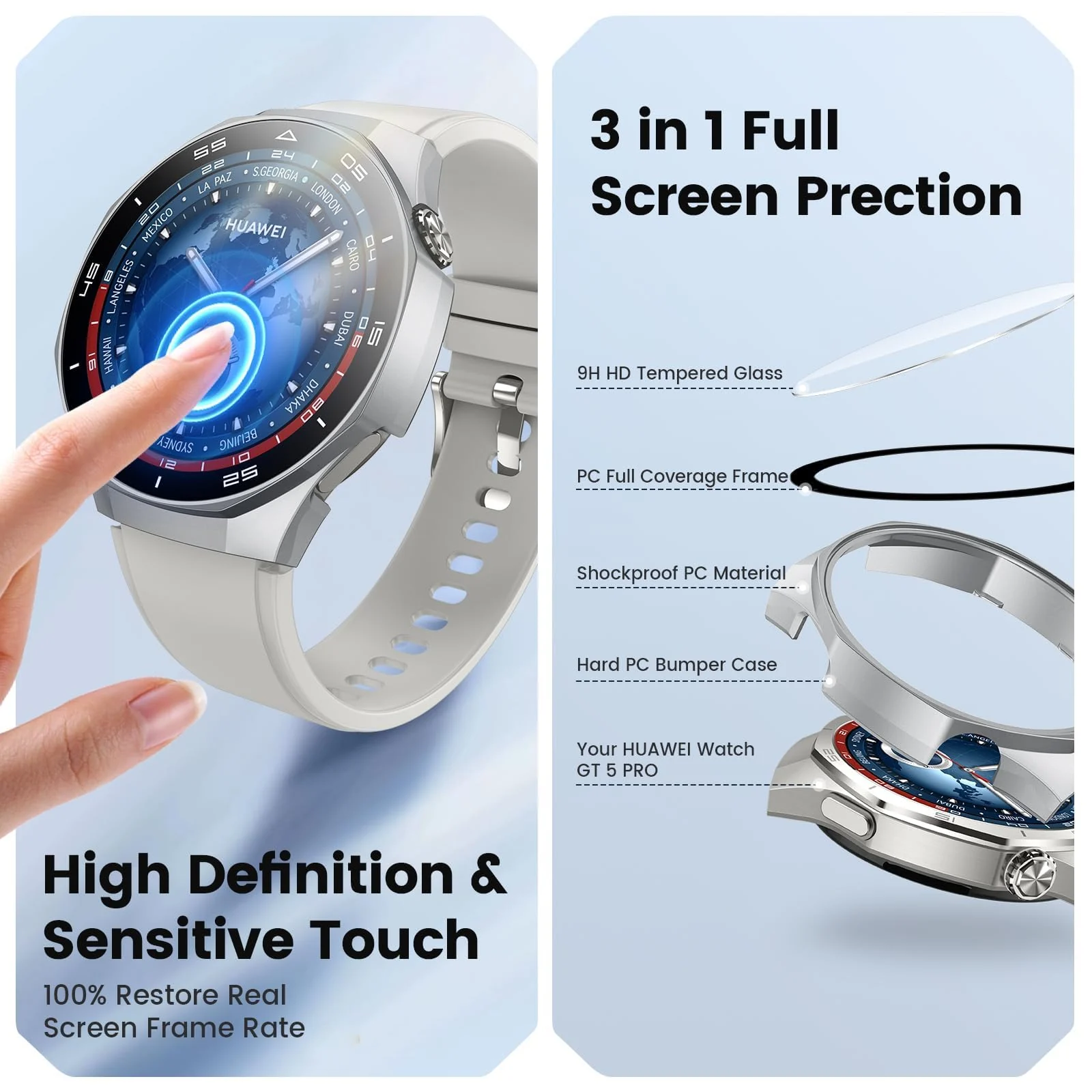 DL3 Mobilak Protective Case for Huawei Watch GT 5 Pro 46mm, Hard PC Bumper Cover with Built-in Tempered Glass Screen Protector Shell Cover Full Coverage with Scale for GT5 Pro 46 mm - White
