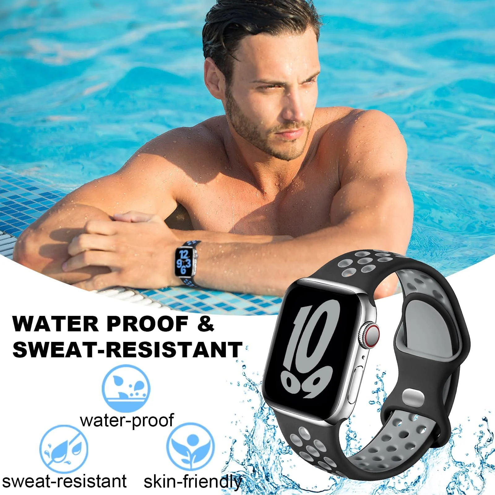 DL3 Mobilak Sport Strap For Apple Watch 49mm 45mm 44mm 42mm 41mm 40mm 38mm, Breathable Silicone Double Hole Band, for iWatch Ultra 2 Series 9 8 7 6 5 4 3 SE (&, 42mm/44mm/45mm/49mm) - Black & Grey