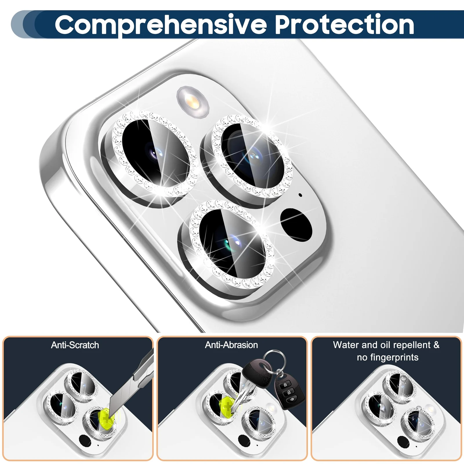 DL3 Mobilak Camera Lens Protector For iPhone 15 Pro/iPhone 15 Pro Max, [Keep Original Shooting] Tempered Glass Screen Protector Metal Individual Camera Cover, Case Friendly - Diamond Silver