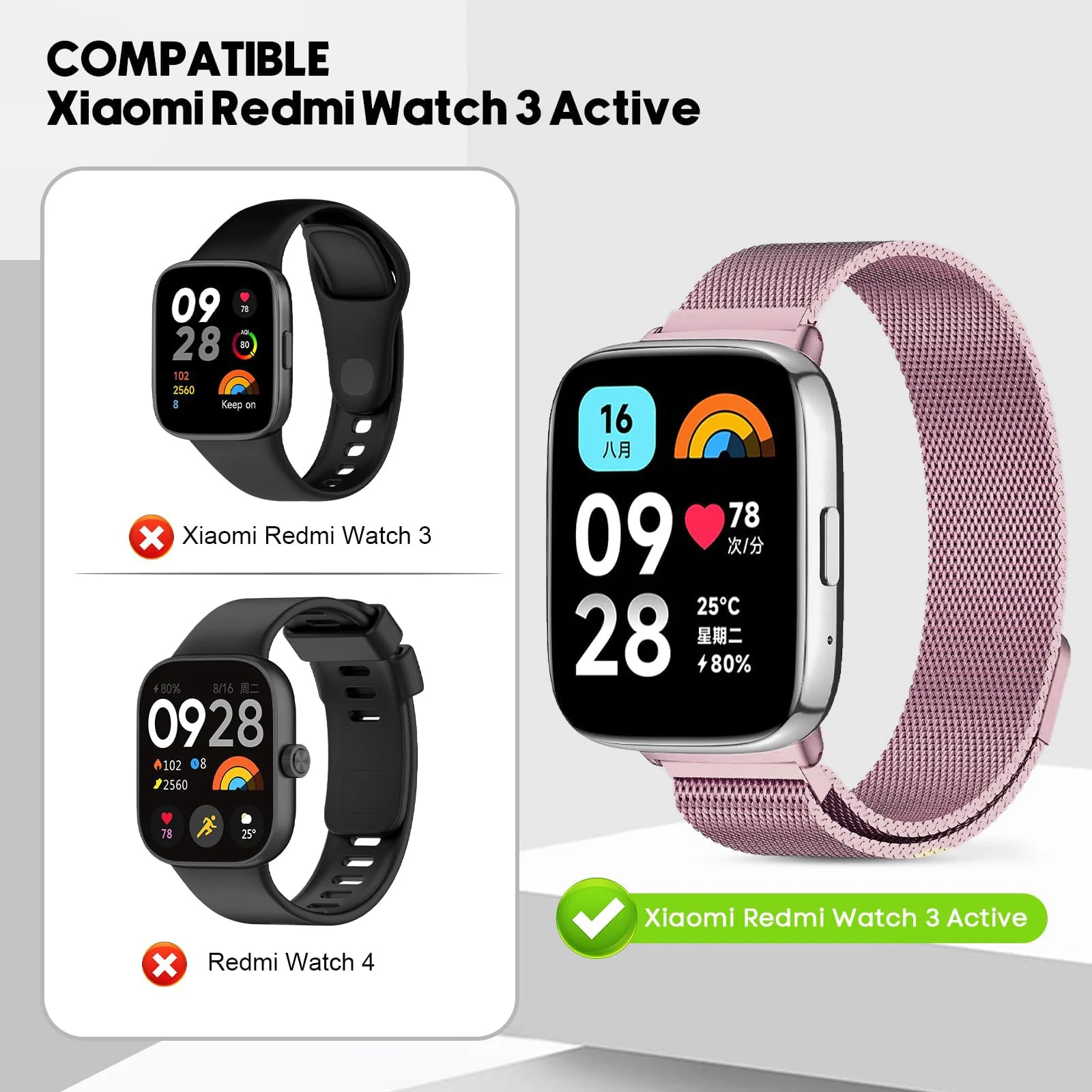 DL3 Mobilak Bracelet Compatible with Xiaomi Redmi Watch 3 Active/Redmi Watch 3 Lite, Stainless Steel Replacement Strap, Mesh Metal Watch Strap, Magnetic Adjustable Replacement Band For Men Women - Pink