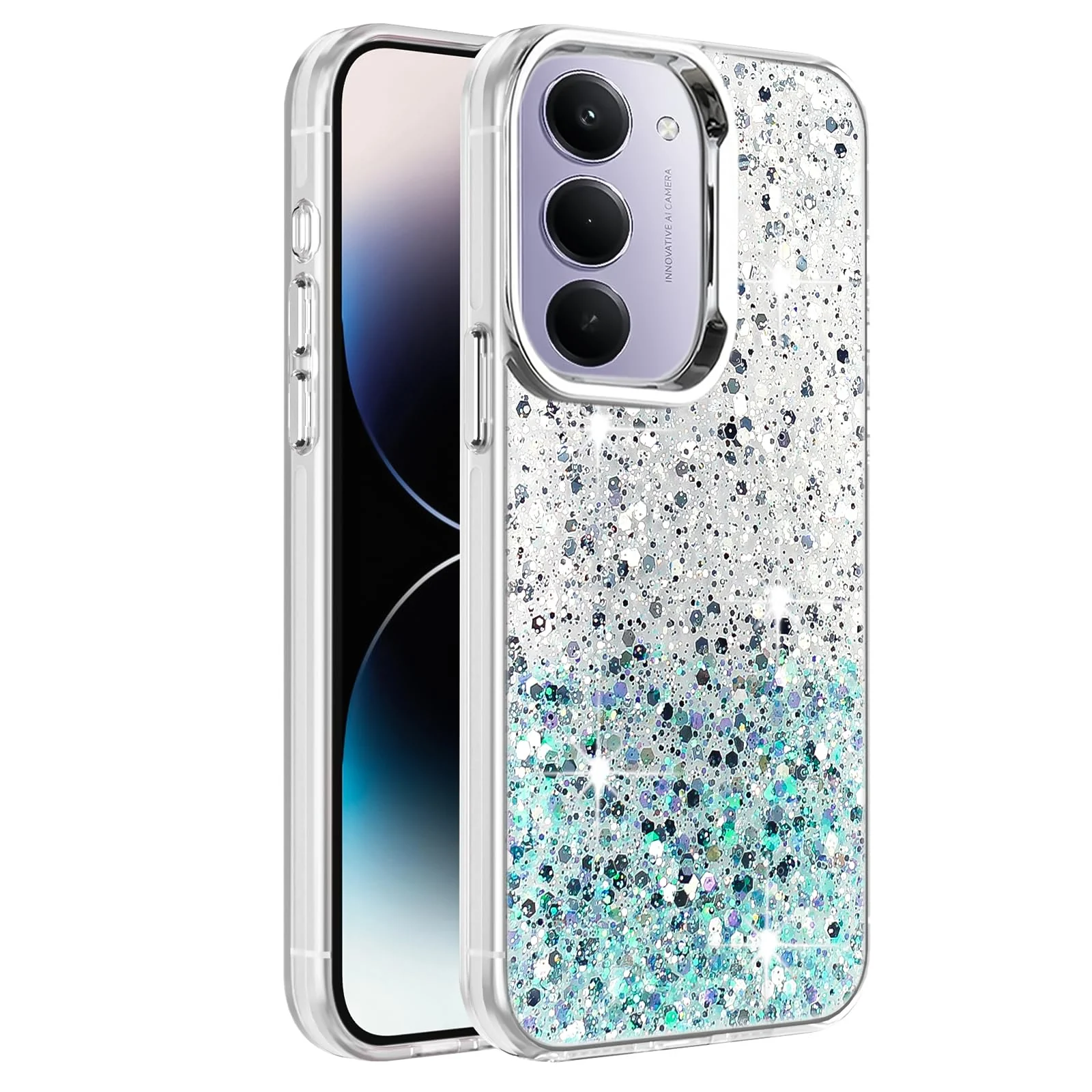Dl3 Mobilak Compatible with Xiaomi Redmi 15 Case, Clear Glitter Bling Sparkly, Soft TPU Frame Bumper, Hard-Back Cover for Women & Girls, Transparent Protective Phone Case (White Green)