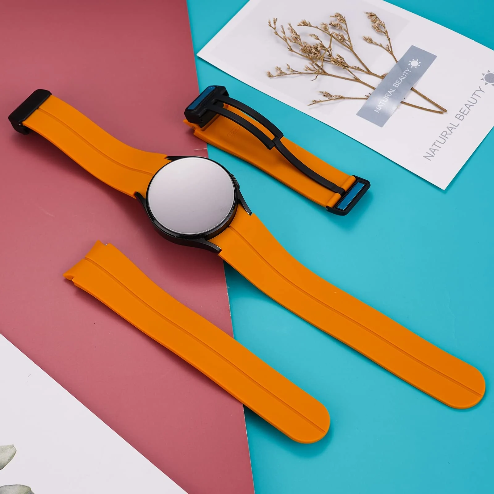 DL3 Mobilak Strap Compatible with Samsung Galaxy Watch 7 FE 6 5 4 Strap 40mm 44mm/Watch 6 Classic 43mm 47mm/5 Pro 45mm/4 Classic 42mm 46mm, No Gap Magnetic Clasp Silicone Band - Orange