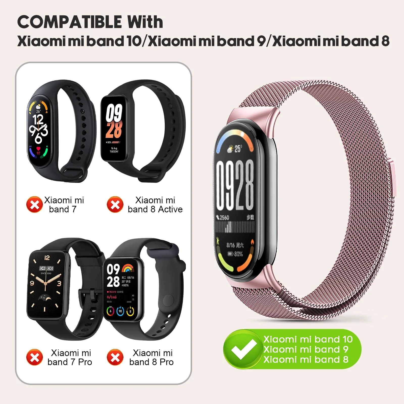 DL3 Mobilak Bracelet Compatible with Xiaomi Mi Band 10/9/8, Stainless Steel Replacement Straps, Mesh Metal Watch Strap, Magnetic Adjustable Replacement Strap For Xiaomi Smart Band 8/9/10 - Pink