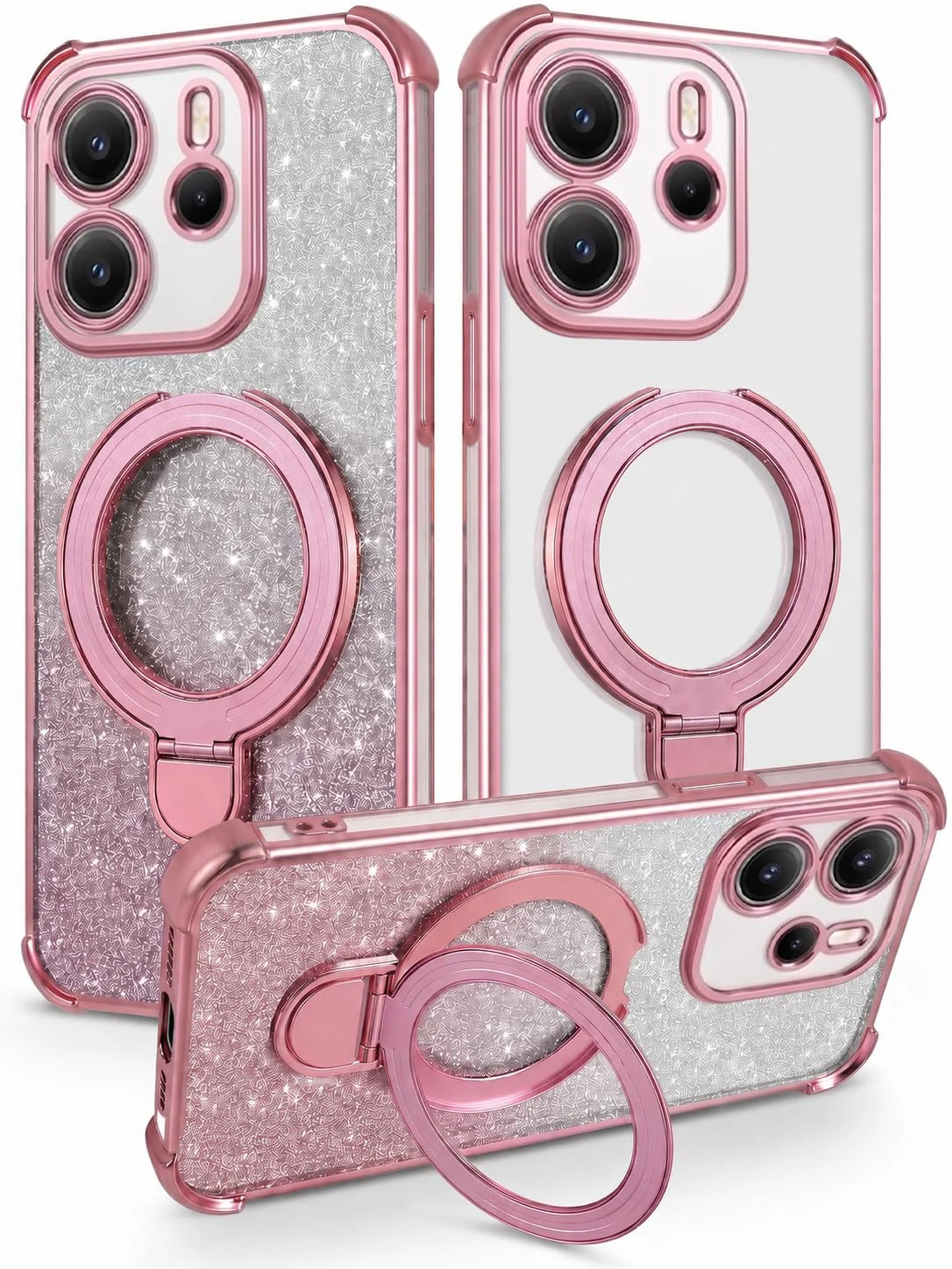 MOBIGON Glitter Phone Case with Magnetic Ring Stand for Xiaomi Redmi Note 14 4G, Pink