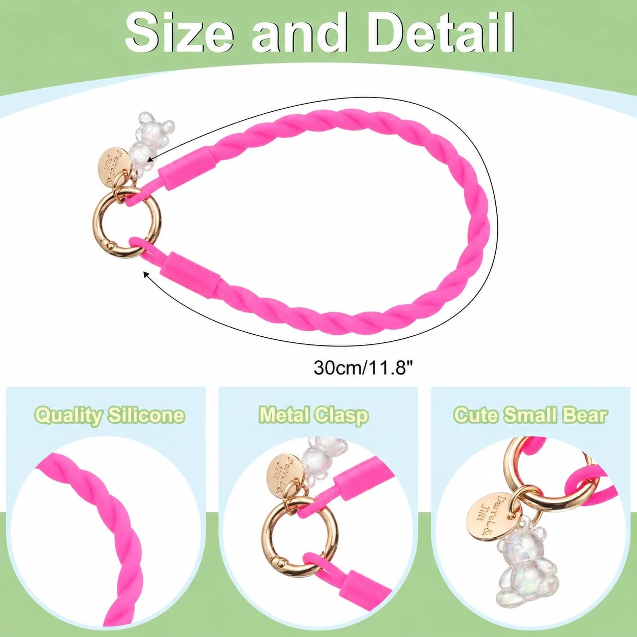 DL3 Mobilak Silicone Crystal Lanyard, 30cm Phone Wrist Strap Lanyard Keychain Office Wrist Strap with Clasp and Bear for Women Phone ID Card, Keys Strap - Pink