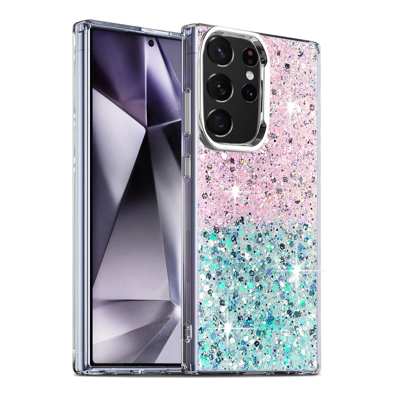 DL3 Mobilak Glitter Protective Case for Samsung Galaxy S21 Ultra, Supports wireless charging, Camera protection, Shock-absorbing protection - Pink Green