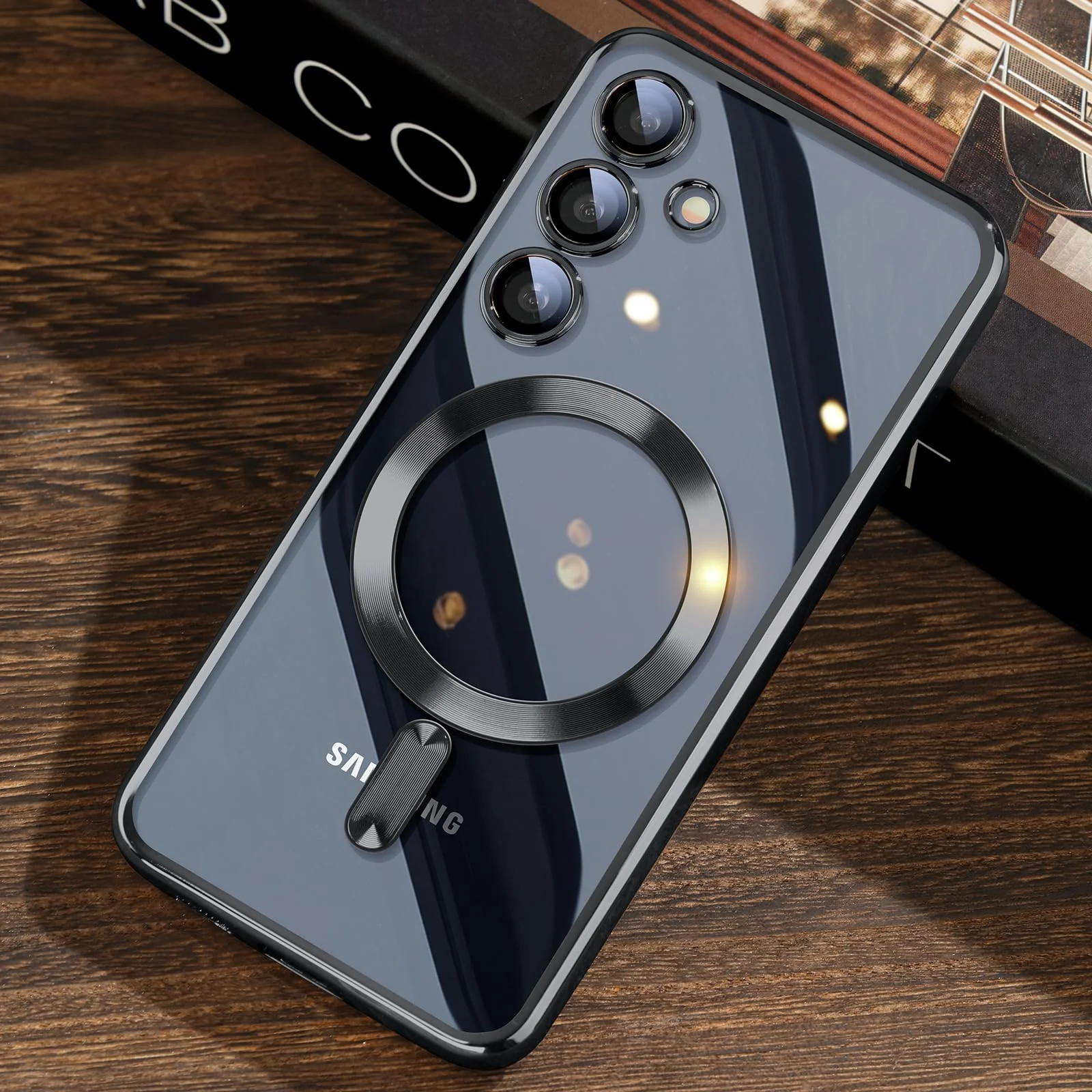 DL3 Mobilak For Samsung Galaxy A55 Magnetic Case, Compatible with MagSafe, Built-in Camera Lens Protector, Luxury Plating Soft TPU Clear Shockproof Slim Thin Cover - Black