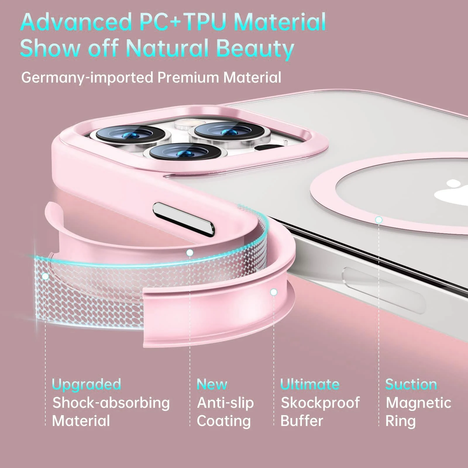 DL3 Mobilak Clear MagSafe-Compatible Magnetic Case for iPhone 13 Pro with Magnetic Car-Mount Support and Shockproof Design - Pink