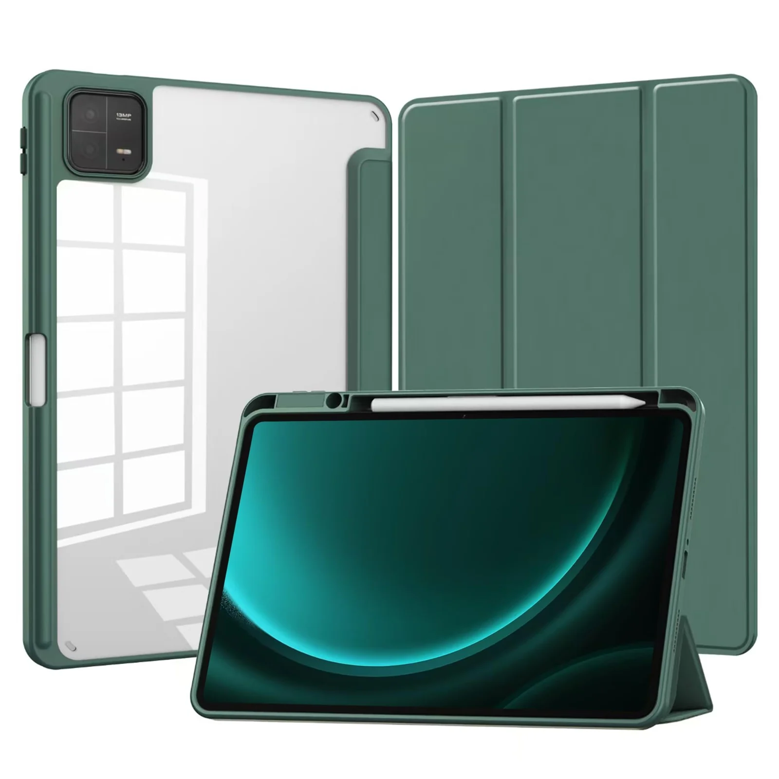 DL3 Mobilak Case for Xiaomi Pad 7 / Xiaomi Pad 7 Pro 2024 11.2 inch, Clear Shockproof Back Cover Built-in Pencil Holder, Auto Sleep/Wake - Green