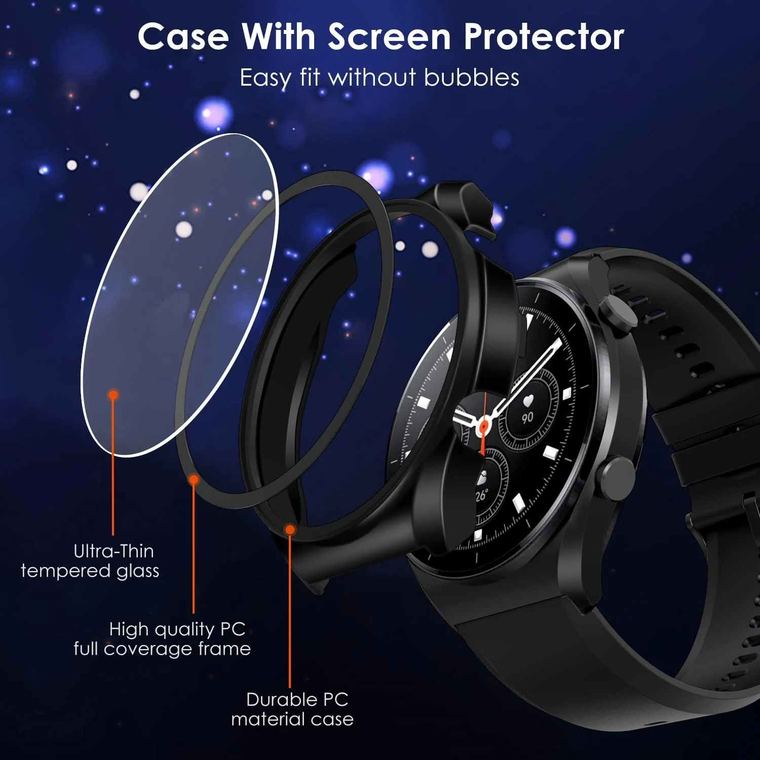 DL3 Mobilak Case with Screen Protector for Xiaomi Watch S1, Bumper Full Coverage Hard PC Overall Protective Cover, Built-in Tempered Glass Film High Sensitivity For Xiaomi Watch S1 - Black