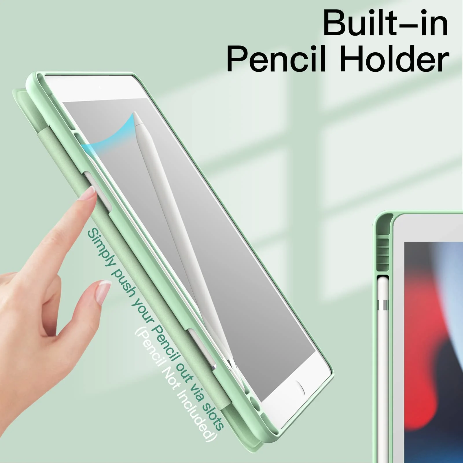 DL3 Mobilak Case for iPad 10.2-Inch (9th/8th/7th Generation, 2021/2020/2019), Clear Shockproof Back Cover Built-in Pencil Holder, Auto Sleep/Wake - Mint Green
