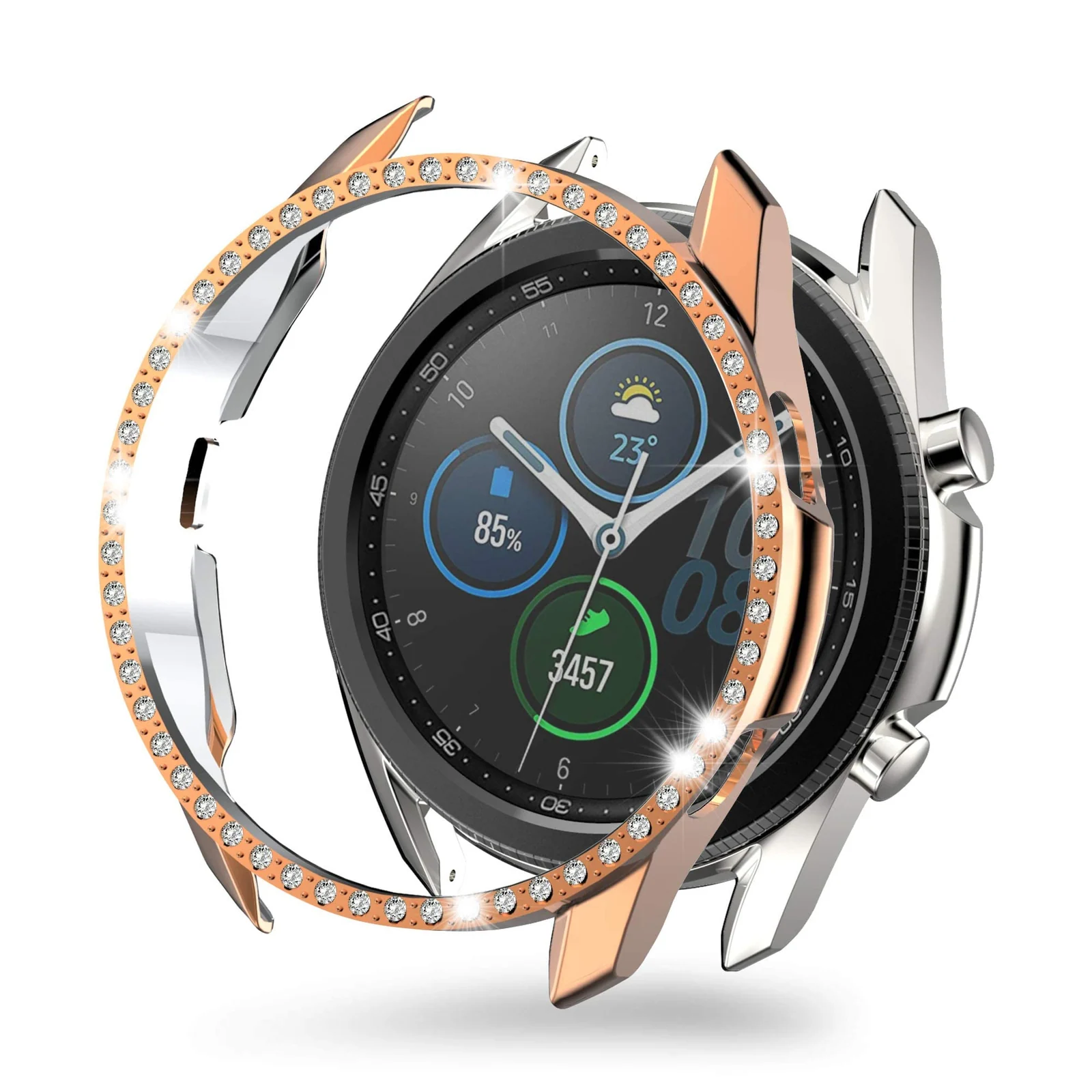 DL3 Mobilak Bumper Diamond Case Compatible with Samsung Galaxy Watch 3 45MM, Bling Crystal Diamonds PC Plastic Protector Case Cover Frame for Galaxy Watch3 45 MM - Rose Gold