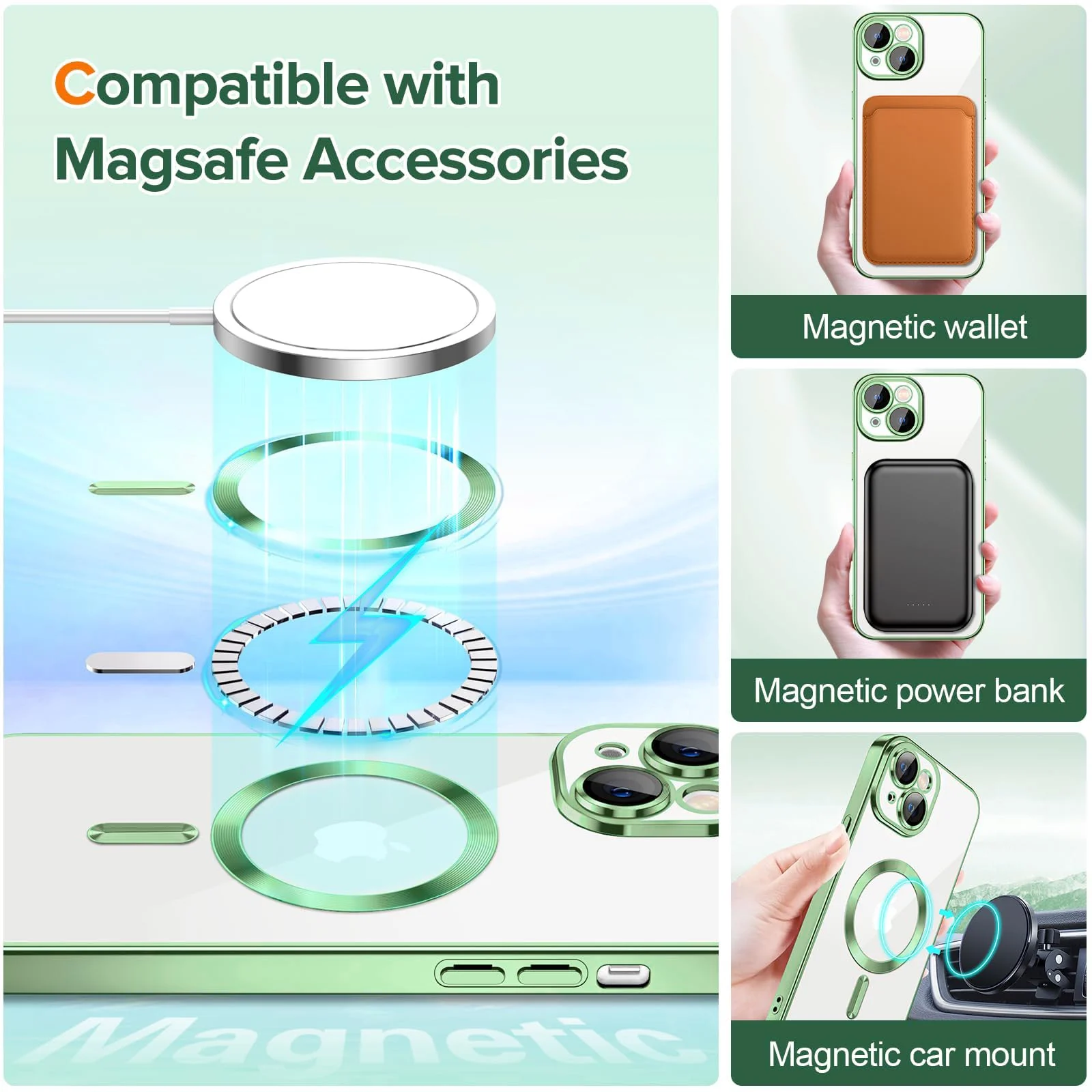 DL3 Mobilak Case for iPhone 13 (6.1 Inch) Compatible with MagSafe with Camera Lens Protector, Magnetic Clear Case Full Protection Plating Anti-Scratch Slim Thin Case Cover - Light Green