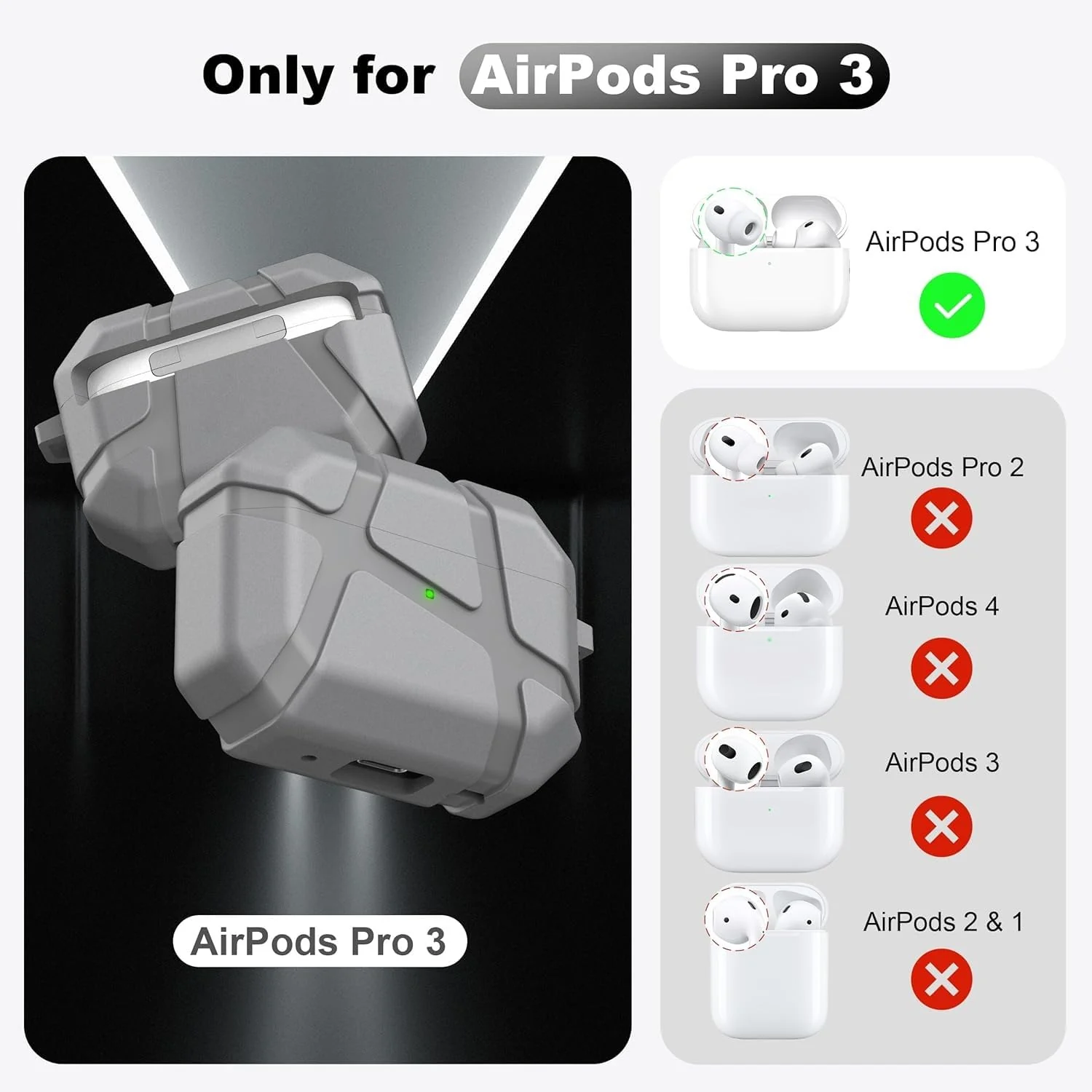 DL3 Mobilak AirPods Pro 3 (2025) Case, Shockproof Silicone Protective Case for Apple AirPods Pro 3 (2025) Generation, Hard Shell Design, Anti-Scratch, Front LED Light with Carabiner - Gray