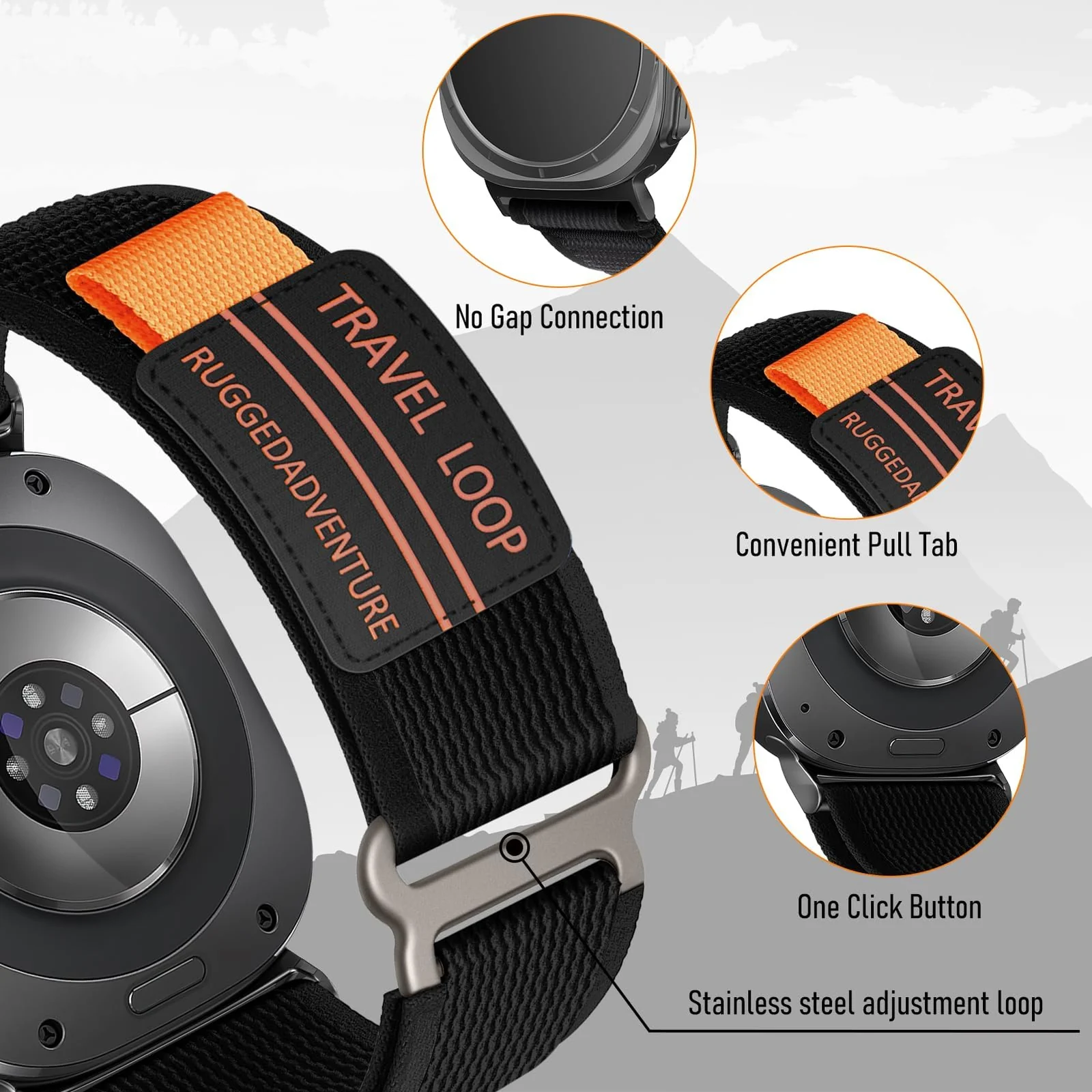 DL3 Mobilak For Samsung Galaxy Watch ultra Strap 47mm, One Click Trail Loop Strap for Men Women, Soft Nylon Sport Loop Elastic Replacement Wristband for Galaxy Watch 7 Ultra - Travel-black