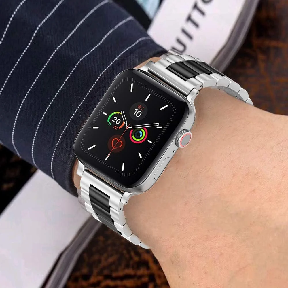 DL3 Mobilak Stainless Steel Band with Case Compatible with Apple Watch Band 45mm Series 9/8/7, Men Woman Business Strap with Protective Bumper Cover for iWatch Series 7/8/9 45mm - Silver Black