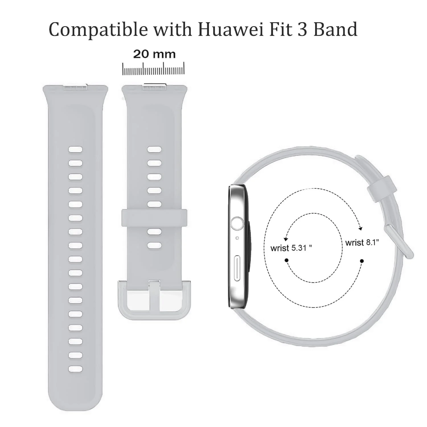 DL3 Mobilak Silicone Bracelet for Huawei Watch Fit 3/Watch Fit 4 Pro/Fit 4 Strap, Soft Silicone Sport Replacement Strap for Women/Men, Adjustable Waterproof Sports Band - Gray