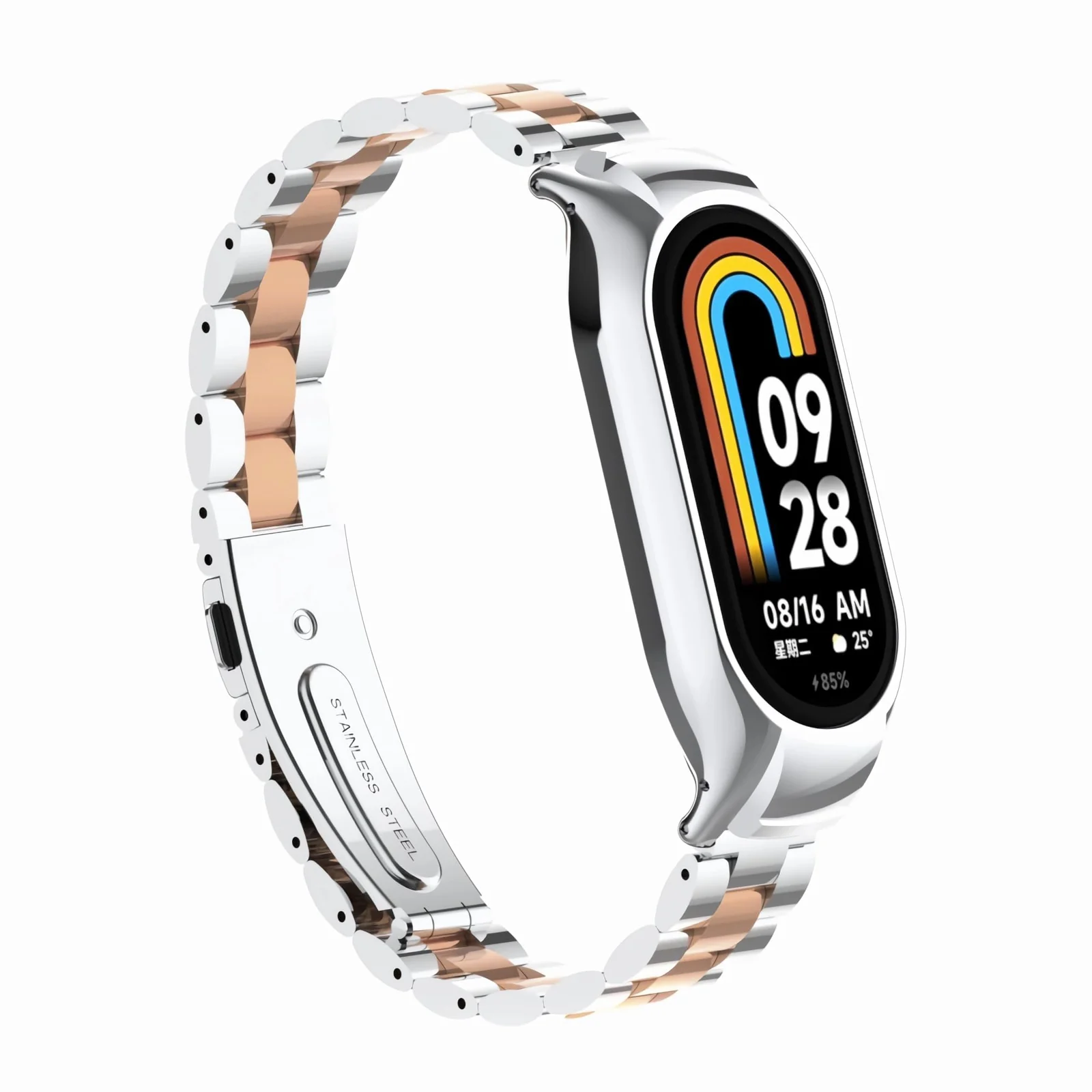 DL3 Mobilak Compatible For Xiaomi Mi Band 7 Strap, Metal Bracelet MiBand 7 Waterproof Stainless Steel Wrist Strap Accessory Band Strap for Xiaomi Mi Smart Band 7 - Silver Rose Gold