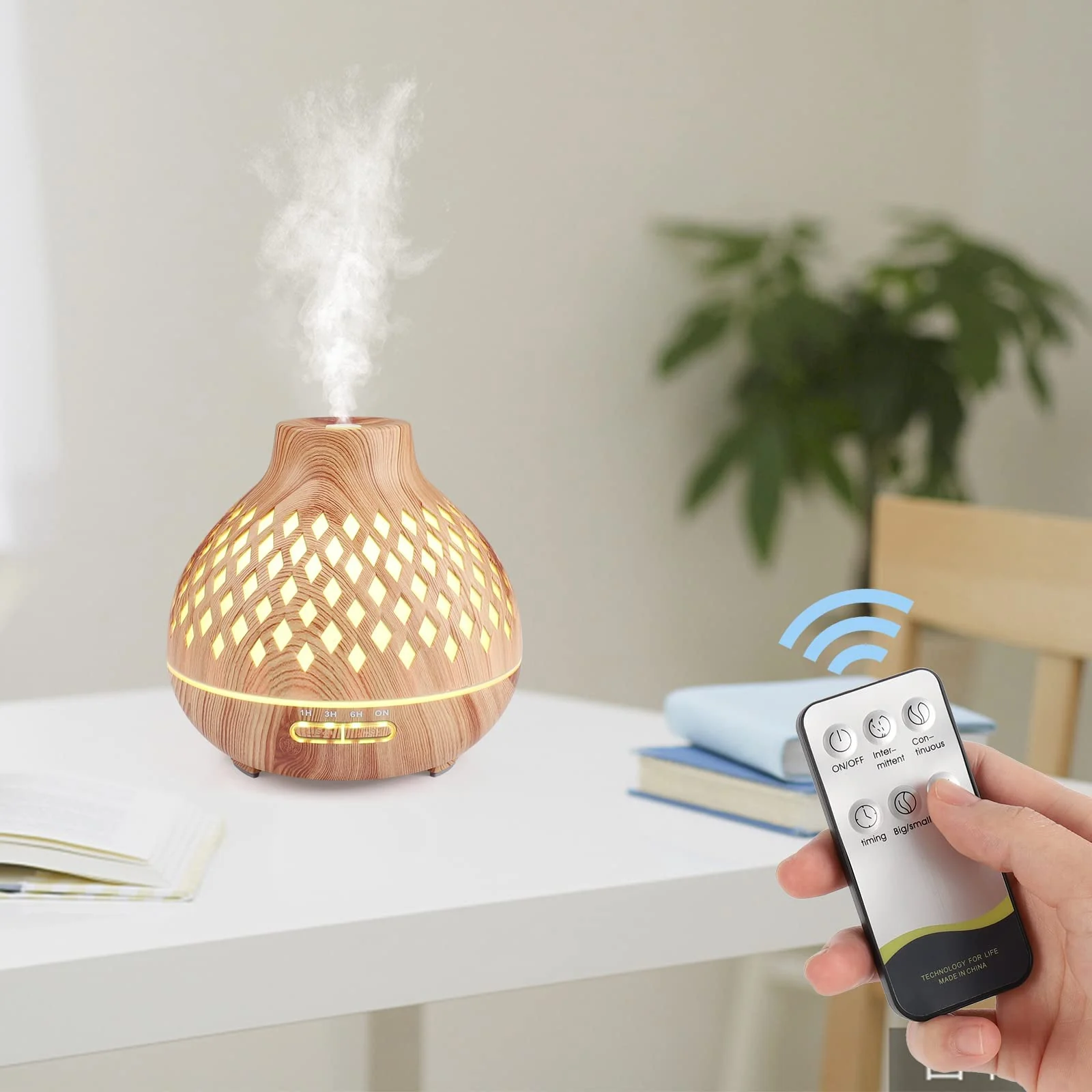 Mobigon Wood Cool Mist Ultrasonic Humidifier for Room Moisture, Aroma Diffuser for Home, 400ml Essential Oil Diffuser with 7 Colorful Night Light, Auto Shut-Off, Home, Office - Light woody