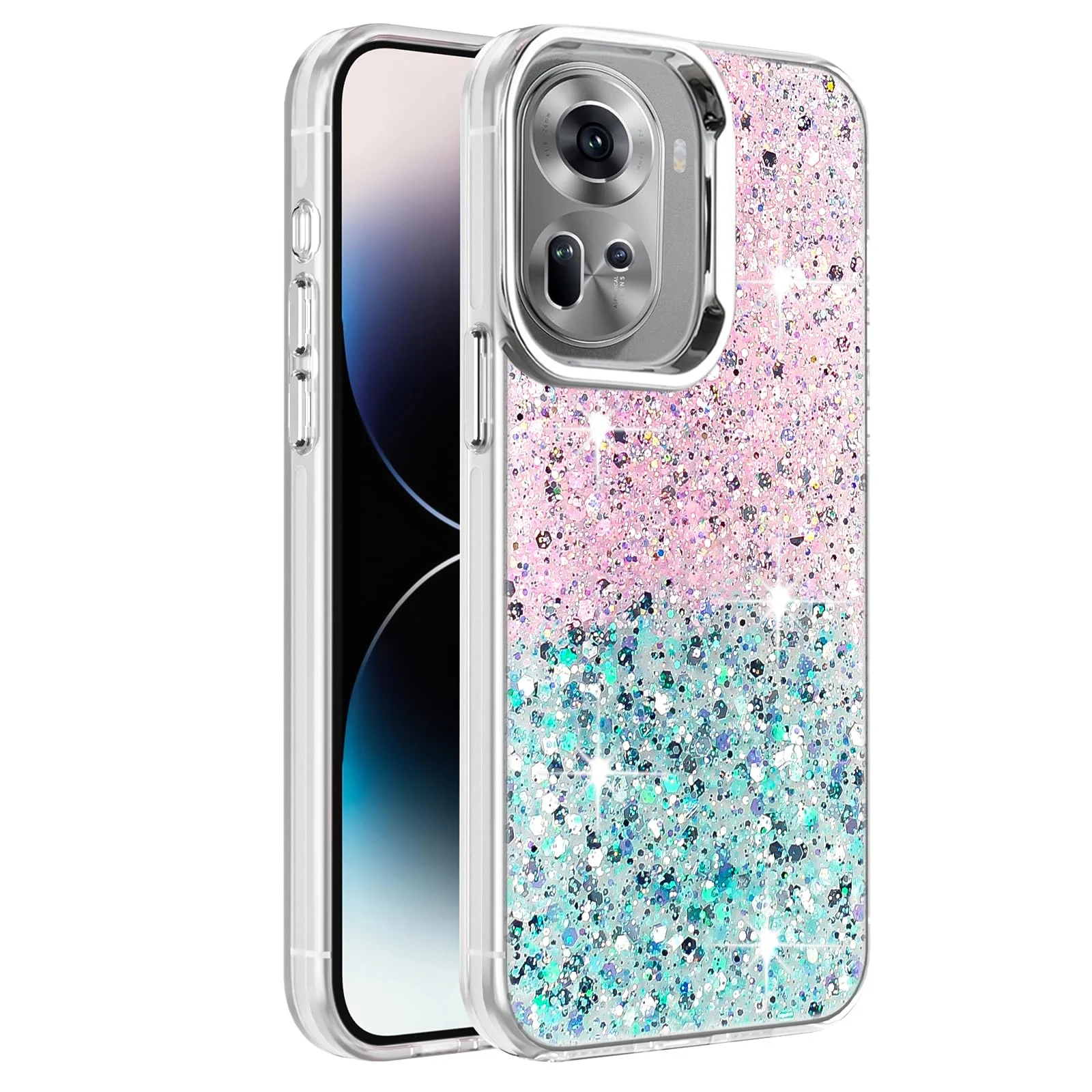 DL3 Mobilak Glitter Protective Case for OPPO Reno11 5G / Reno 11 Pro 5G, Supports wireless charging, Camera protection, Shock-absorbing protection - Pink Green