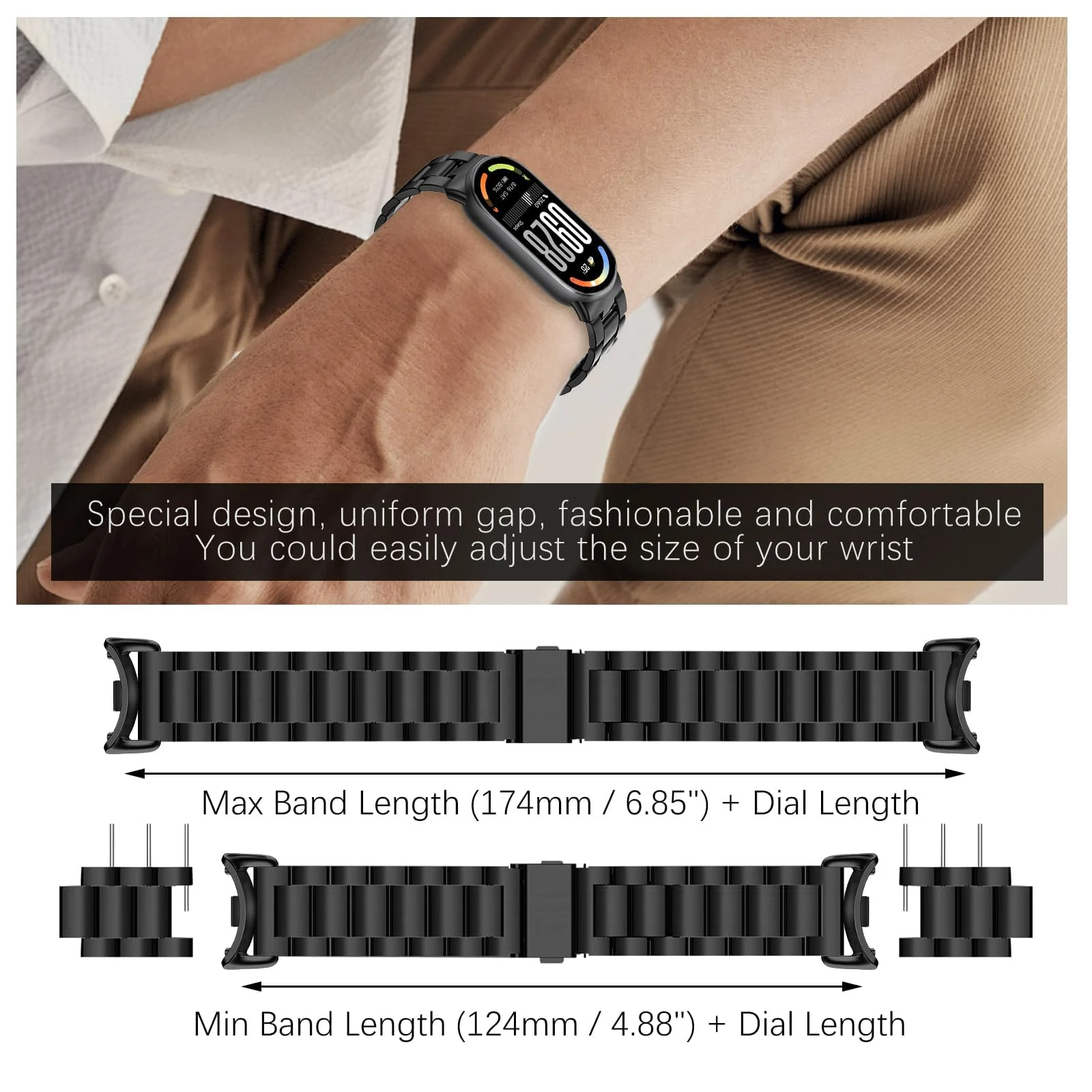 MOBIGON Stainless Steel Bracelet Strap with Double-Folding Clasp for Xiaomi Smart Band 8 / 9 / 10, Black