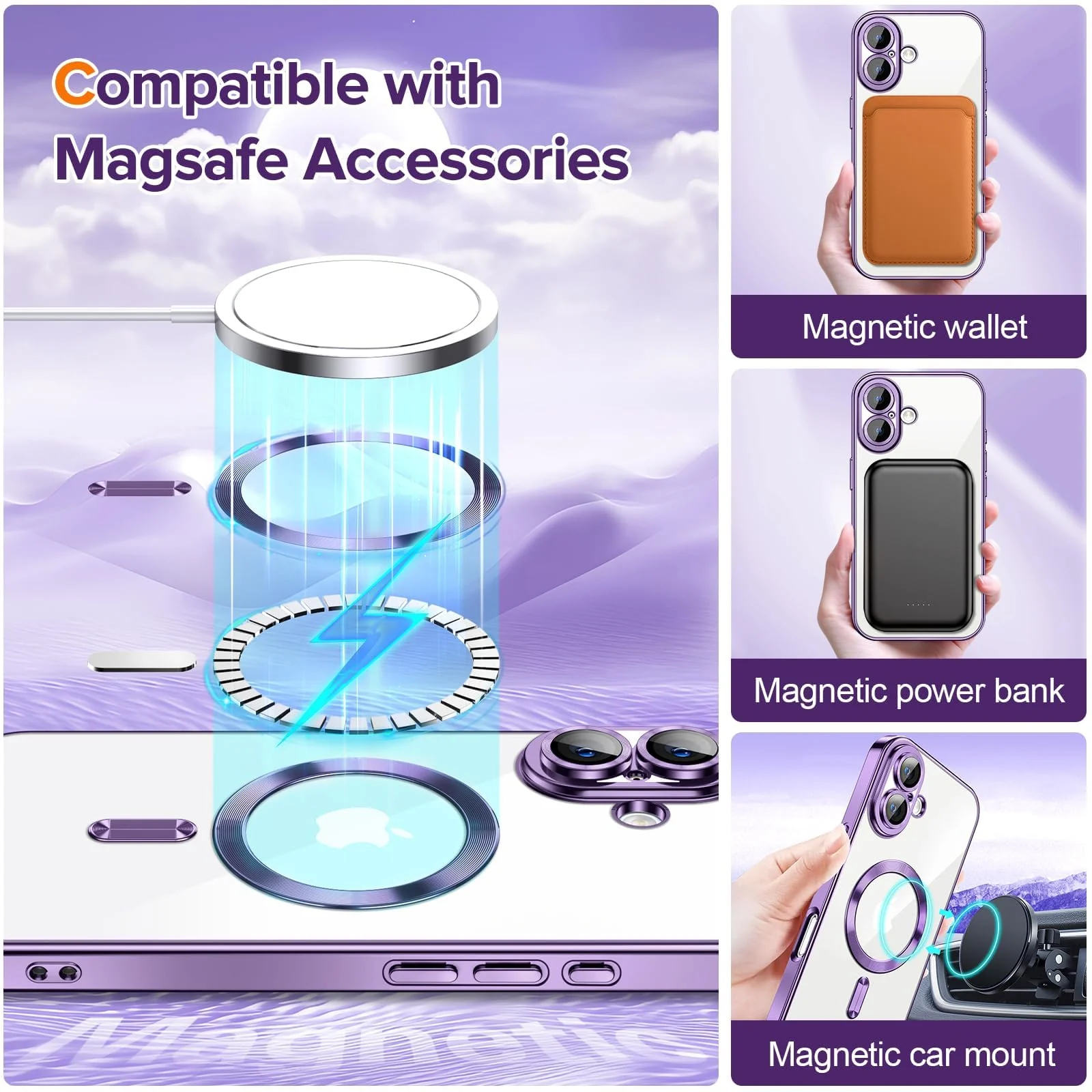 DL3 Mobilak Clear MagSafe-Compatible Magnetic Case for iPhone 16 6.1 with Camera Protection and Shockproof Design - Purple