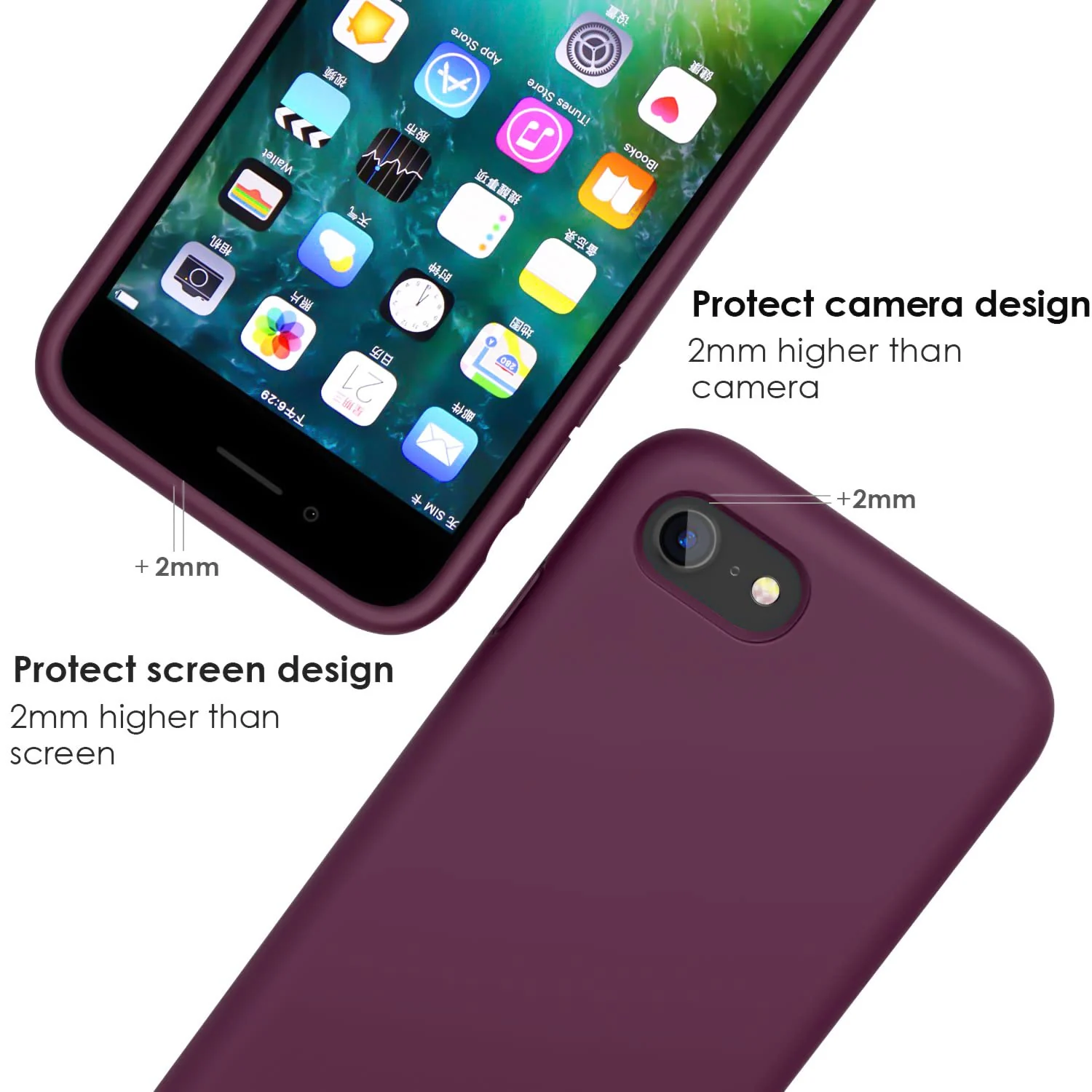 DL3 Mobilak Liquid Silicone Protective Case with Soft Microfiber Lining for iPhone SE 2022, SE 2020, iPhone 7, iPhone 8 - Wine Red