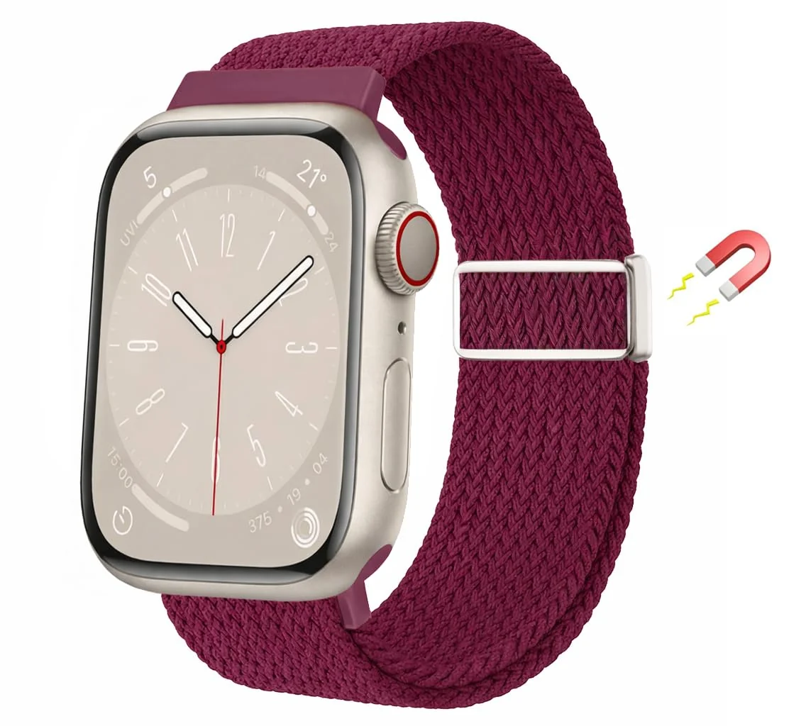 DL3 Mobilak Sport Solo Loop Compatible with Apple Watch Band 42mm 44mm 45mm 46mm 49mm for Women Men, Magnetic Strap Stretchy Braided Wristband for iWatch Series 11 10 9 8 7 6 5 4 3 Ultra 3 2 1 SE SE2 - Wine Red