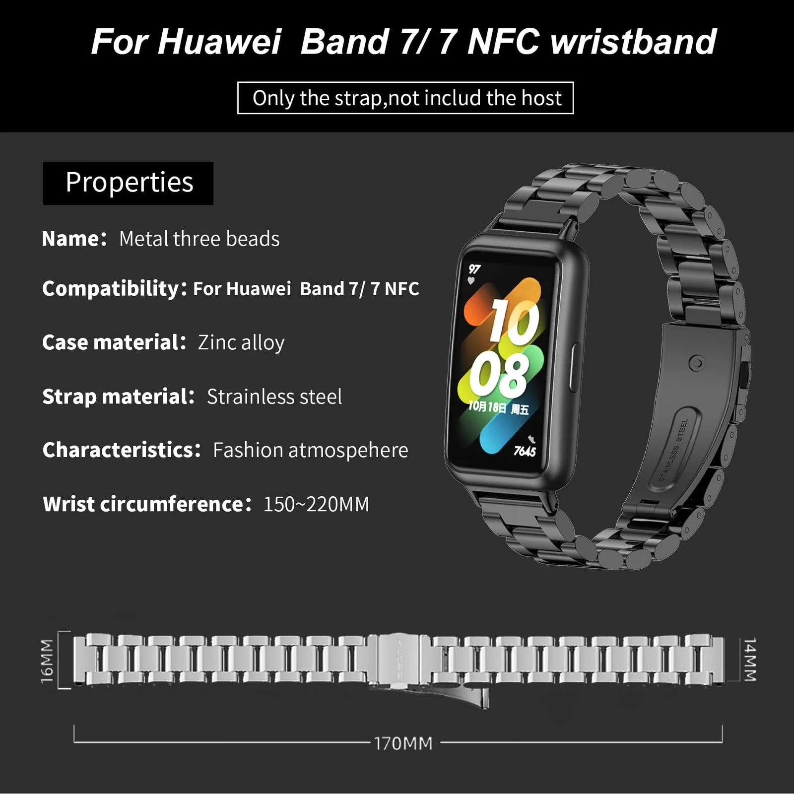 DL3 Mobilak Strap for Huawei Band 7/ Honor Band 7 Stainless Steel Replacement Metal Straps Bracelet Compatible with Huawei Watch Band 7 Standard and Huawei Band 7 NFC Edition Bracelets - Black