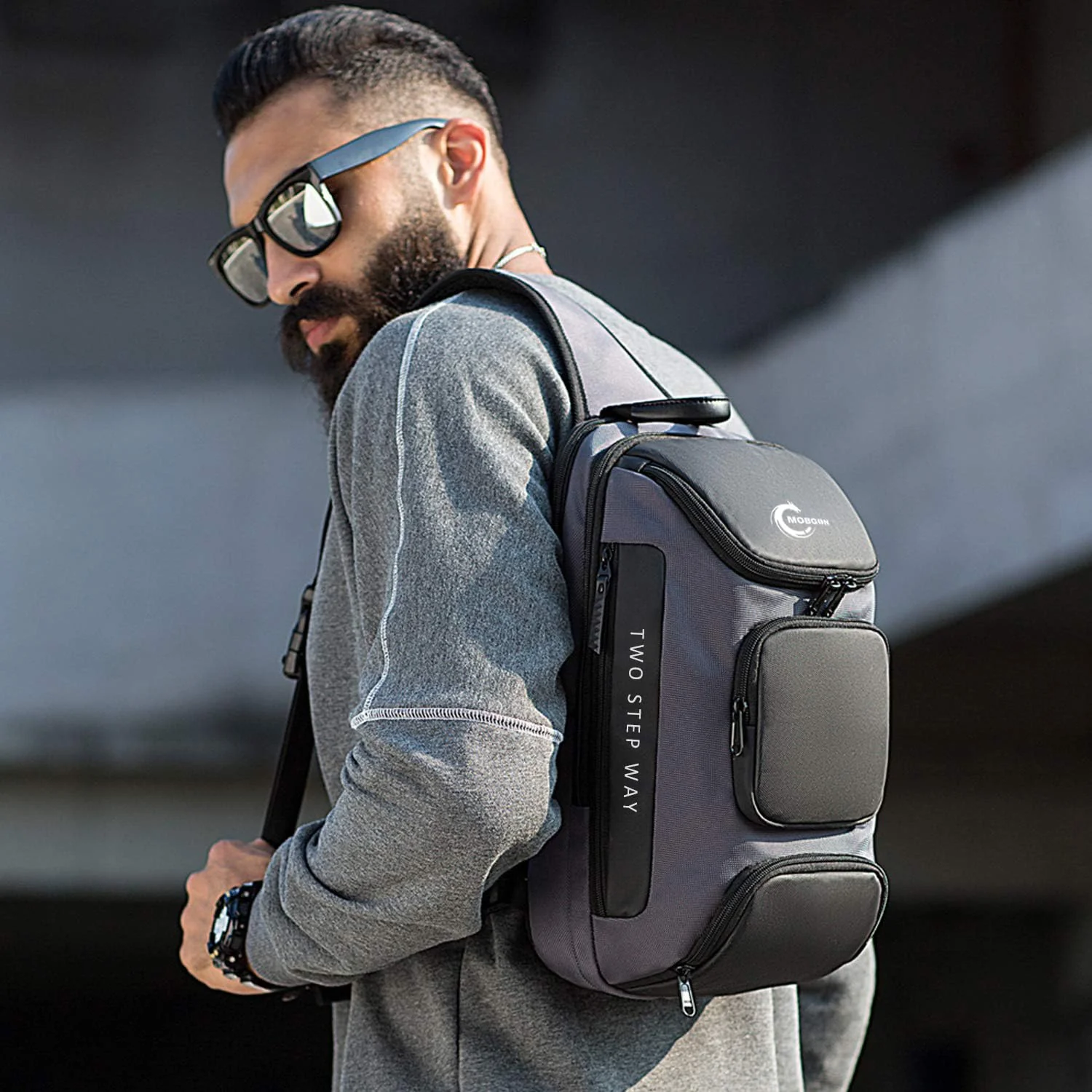 Mobigon Laptop Sling Backpack Anti Theft Bag, Hiking Daypack 13 Inch Fits iPad - Tablet 7 to 9.7 Inch Nylon Travel Bags for Men, Single Shoulder Camping Dayback with USB Charging Port - Gray